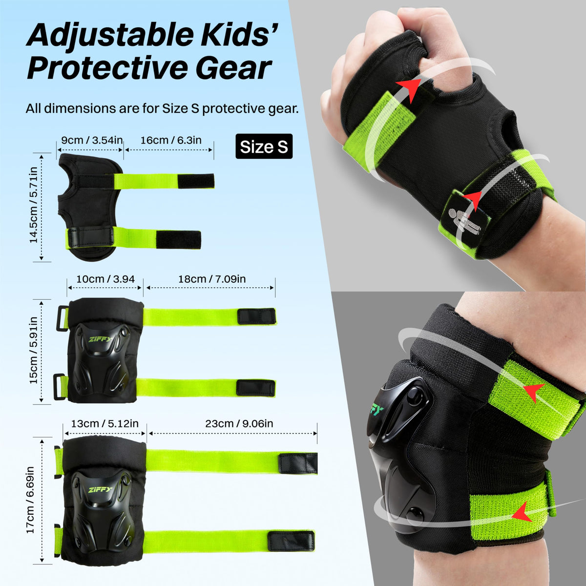 ZIFFY Kids Knee & Elbow Pads Set with Wrist Guards - Adjustable Protective Gear