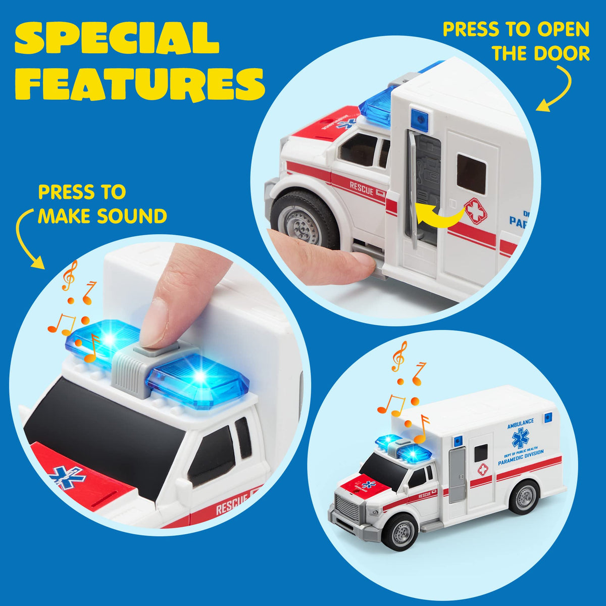 VROOMIX 4-Piece Emergency Vehicle Toy Set with Lights & Sounds