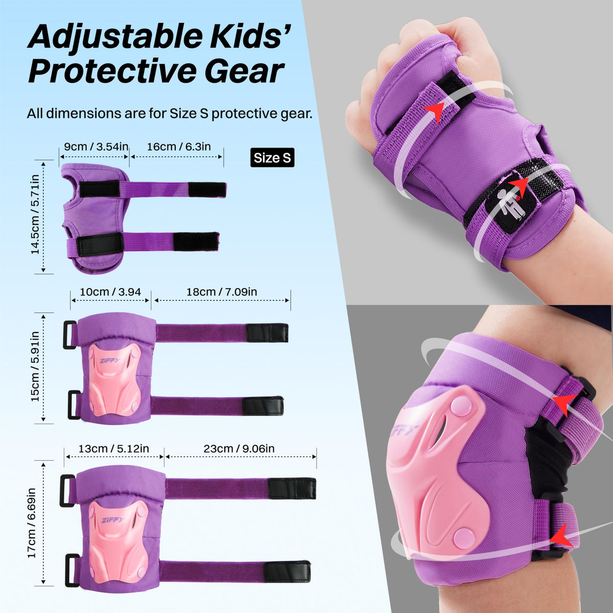 ZIFFY Kids Knee & Elbow Pads Set with Wrist Guards - Adjustable Protective Gear