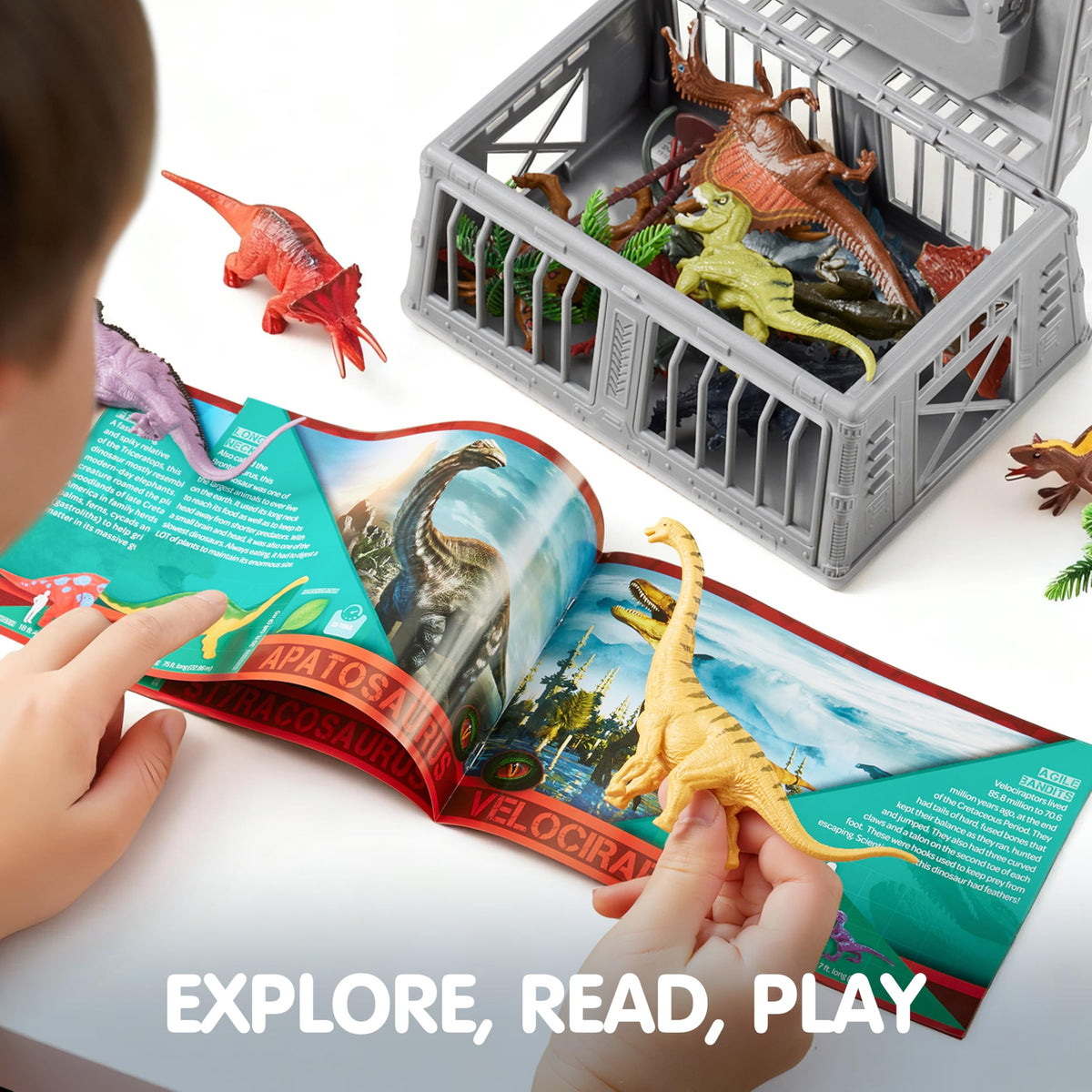 Play-Act 17 PCS Realistic Dinosaur Figures with Play Mat & Storage Cage