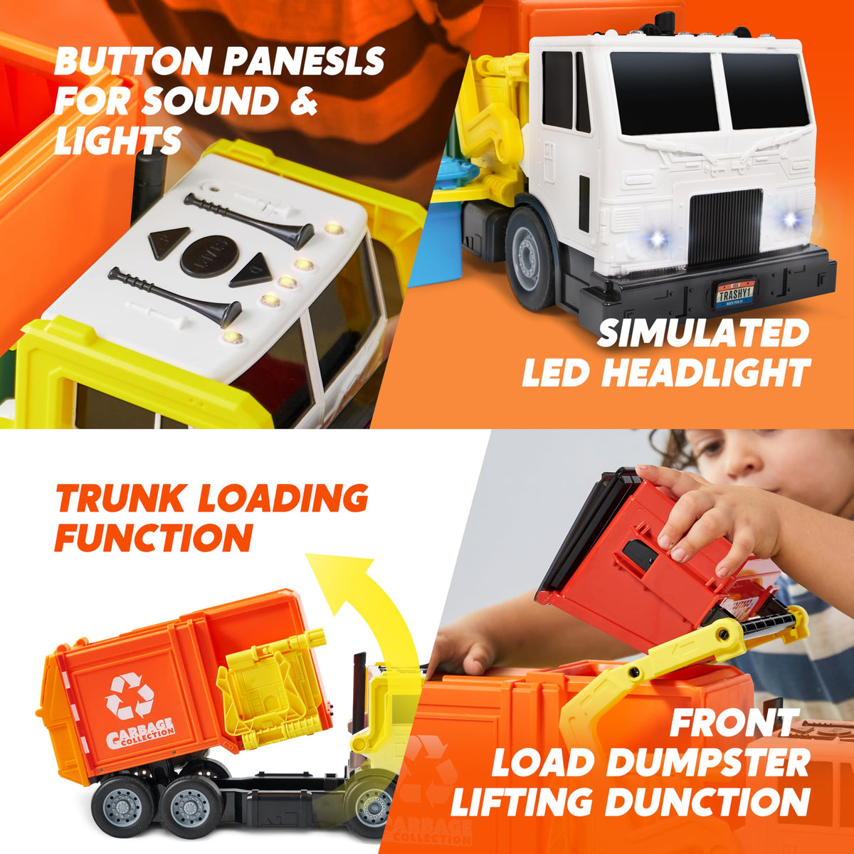 Vroomix Large Friction Powered Garbage Truck - Learning Cards, Orange