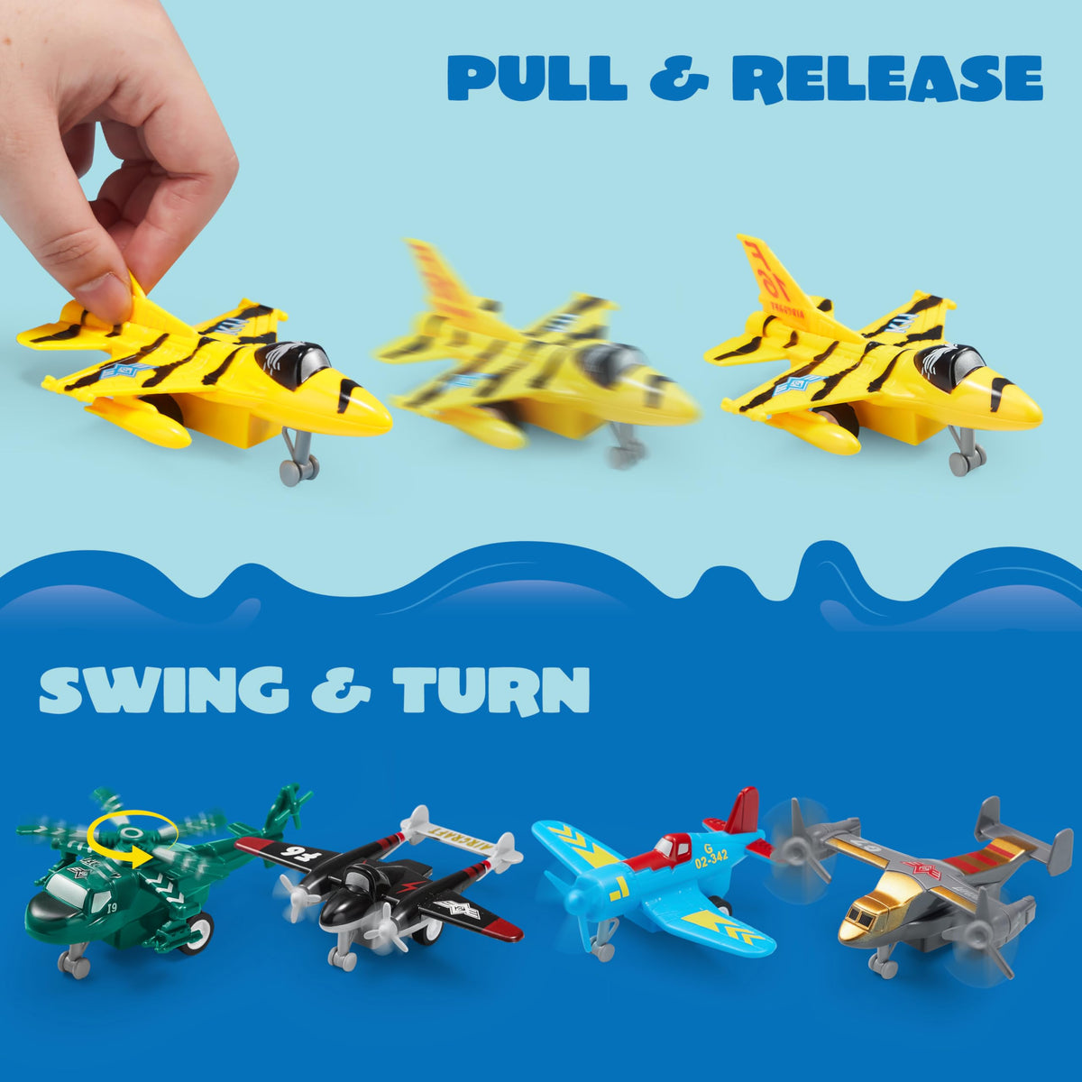 VROOMIX 16-Piece Pull-Back Airplane Toy Set (Fighter Jets, Helicopters & Bombers)