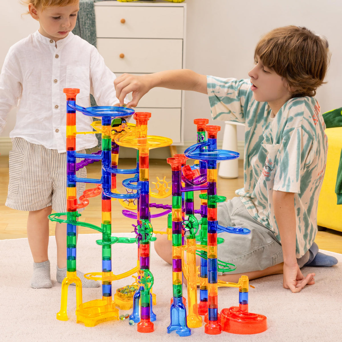 Play-Act 207 PCS Glow Marble Run - STEM Building Blocks Toy with Glass Marbles