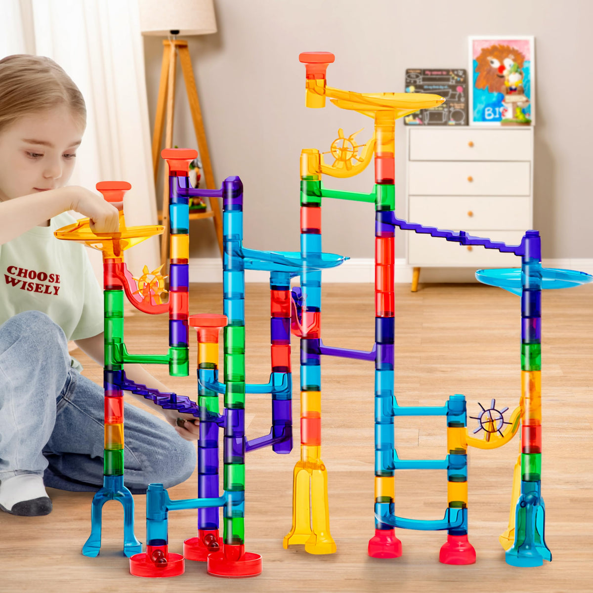Play-Act 150 PCS Glow Marble Run - STEM Building Blocks Toy with Glass Marbles