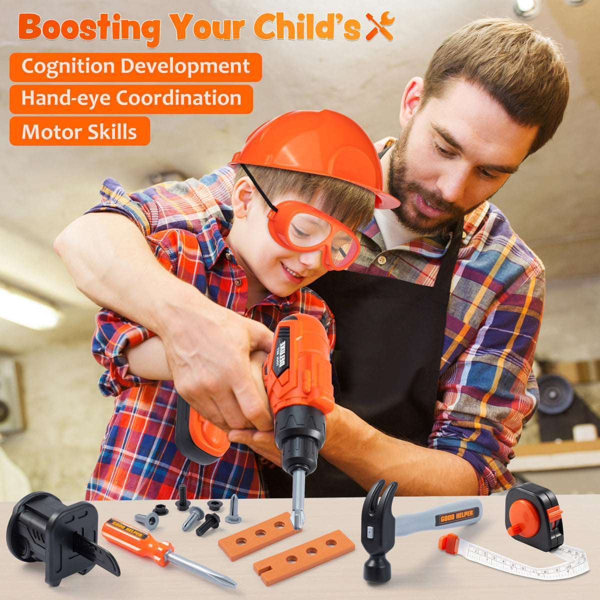 Play-Act 32 PCS Kids Tool Set - Construction Backpack & Electronic Drill