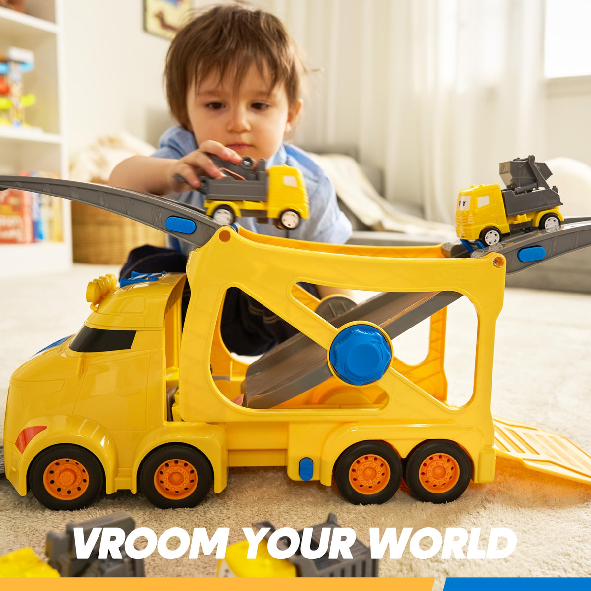 VROOMIX 7-in-1 Construction Transport Carrier Truck Set with Lights & Sounds