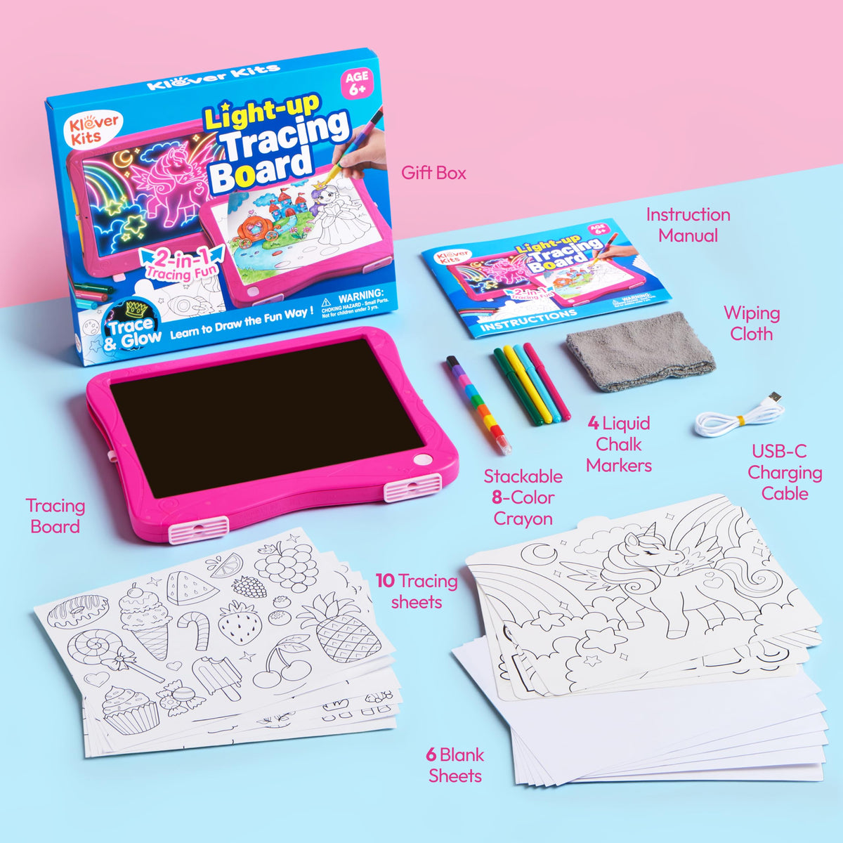 Klever Kits 2-in-1 Neon LED Drawing Tablet & Light-Up Tracing Pad