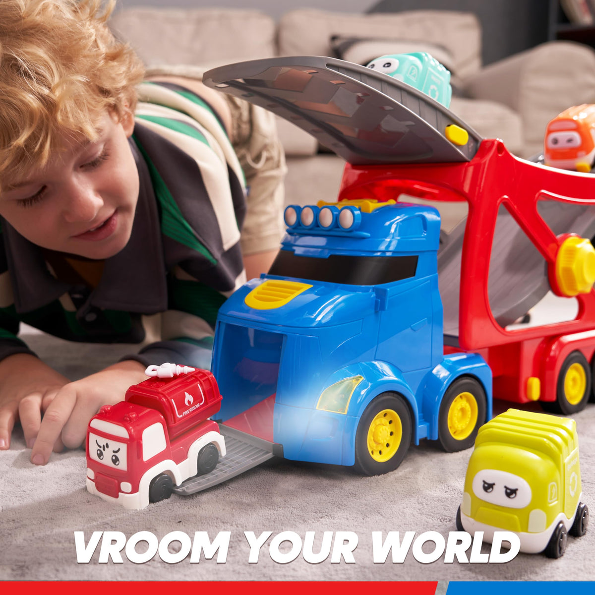 VROOMIX 7-in-1 City Transport Carrier Truck Set with Lights & Sounds