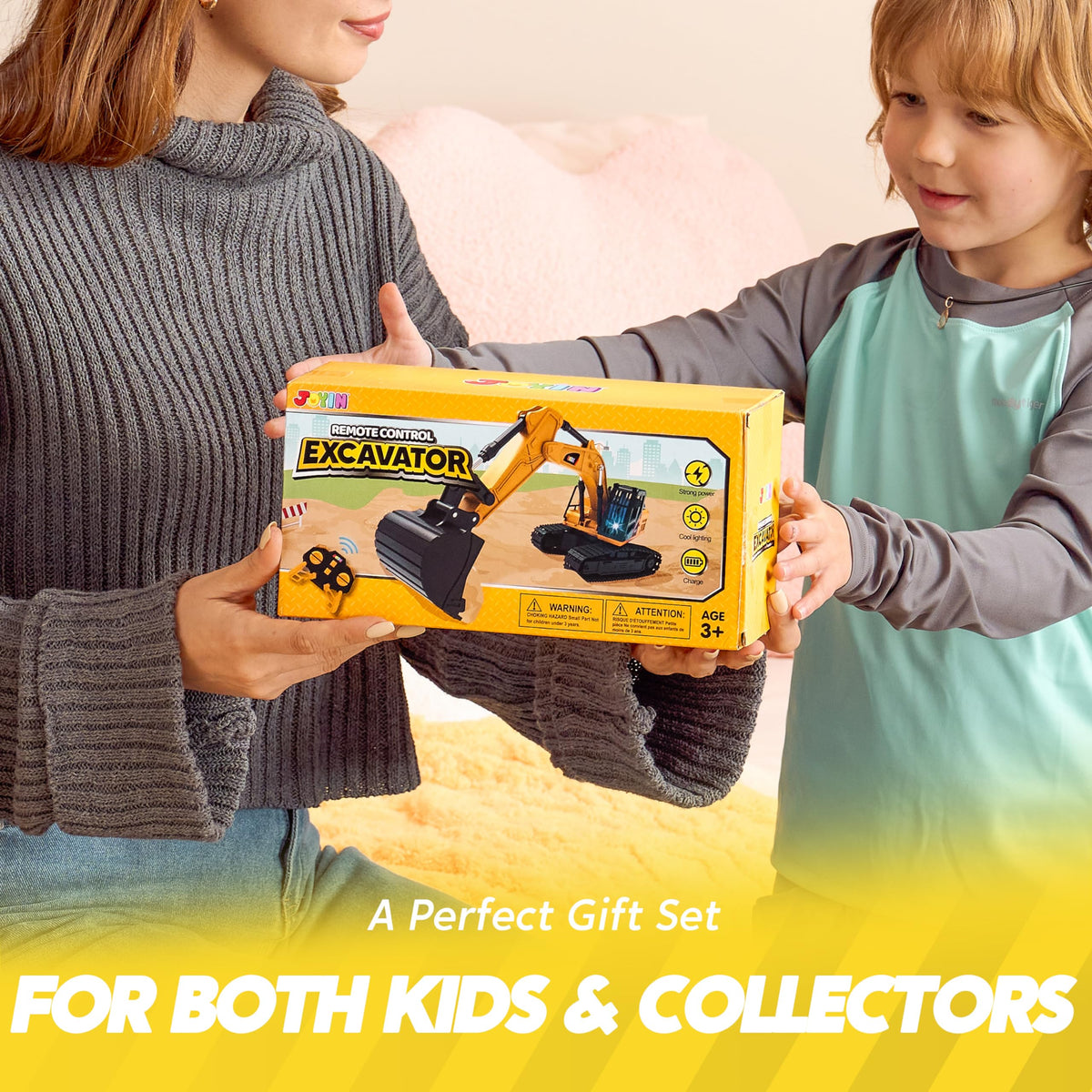 VROOMIX 2.4GHz Remote Control Excavator Toy with Lights for Kids