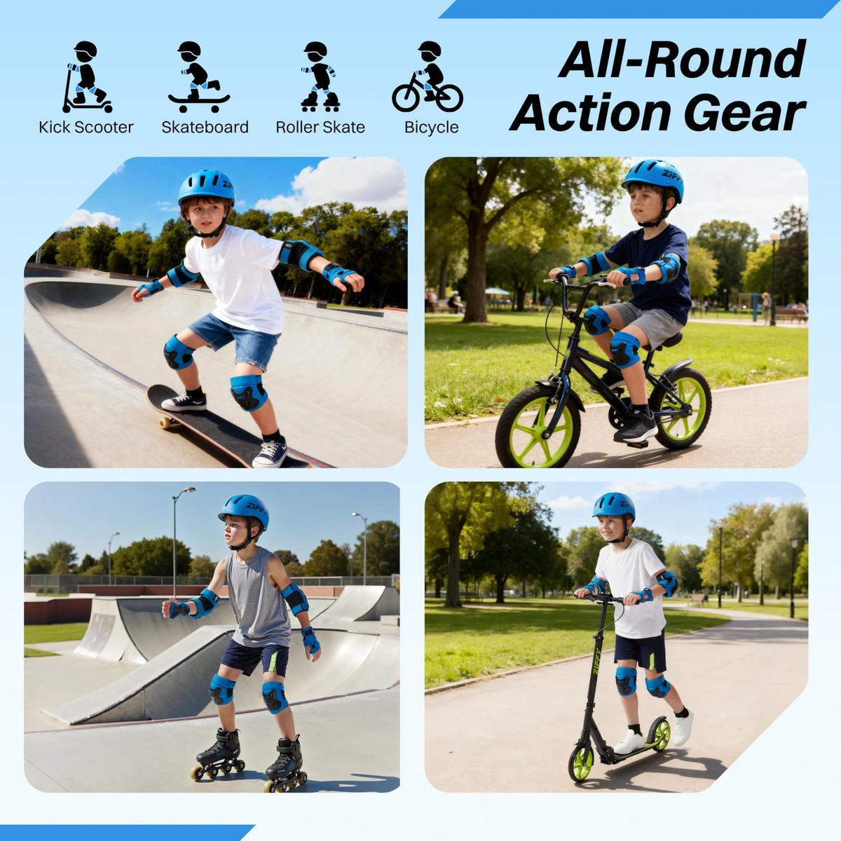 ZIFFY Kids Knee & Elbow Pads Set with Wrist Guards - Adjustable Protective Gear