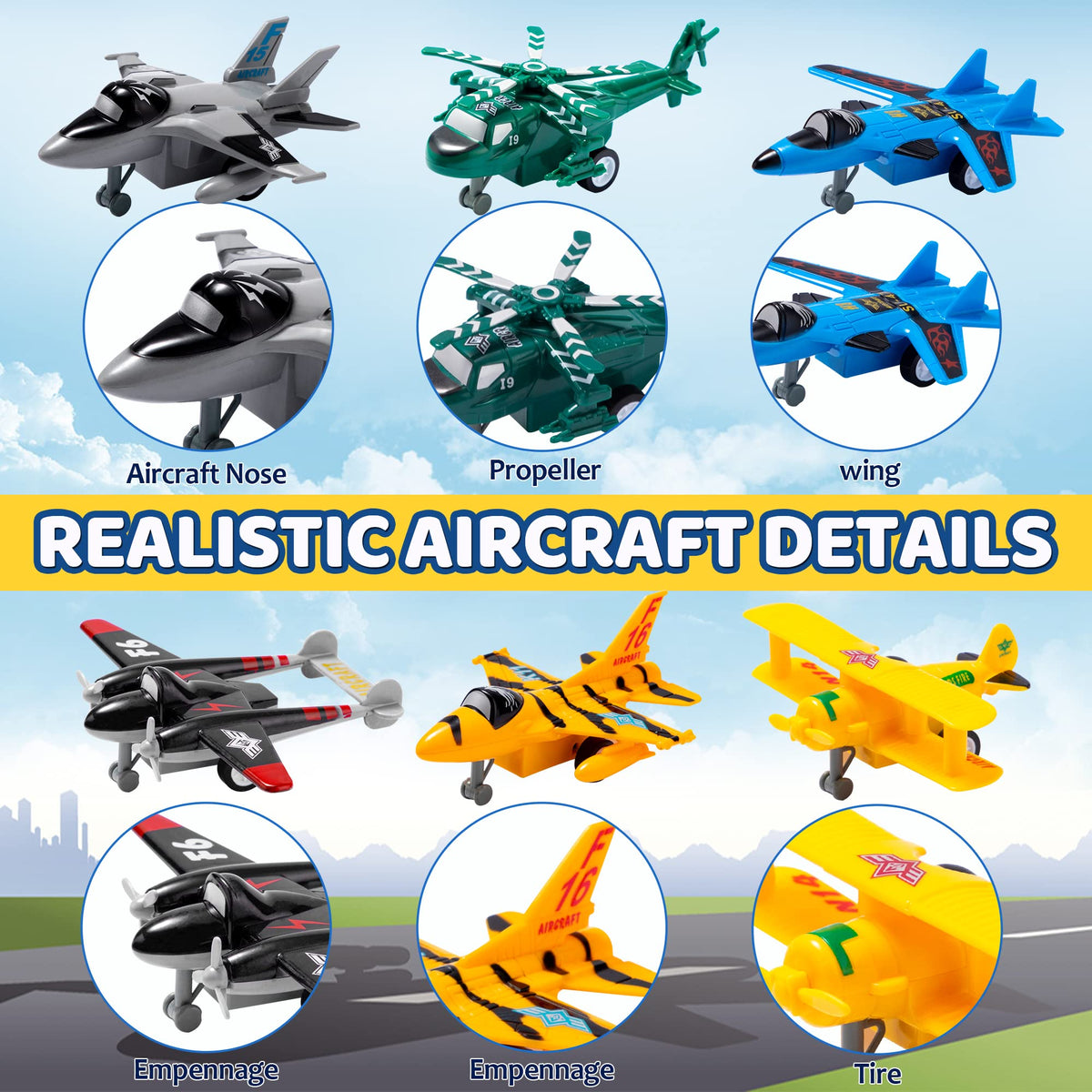 VROOMIX 16-Piece Pull-Back Airplane Toy Set (Fighter Jets, Helicopters & Bombers)