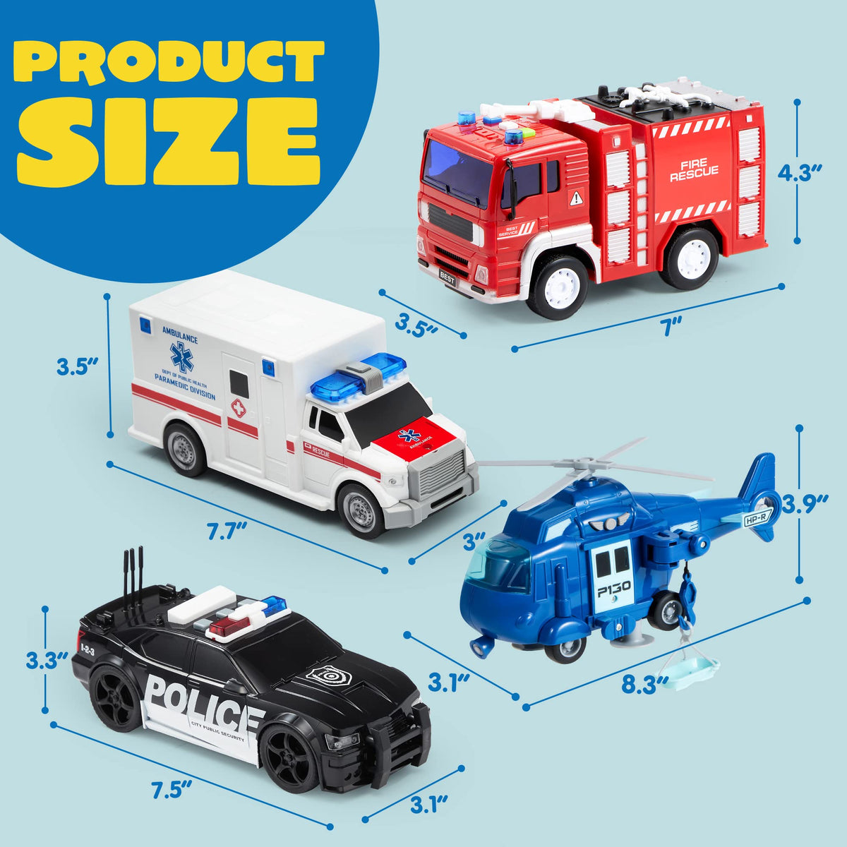 VROOMIX 4-Piece Emergency Vehicle Toy Set with Lights & Sounds