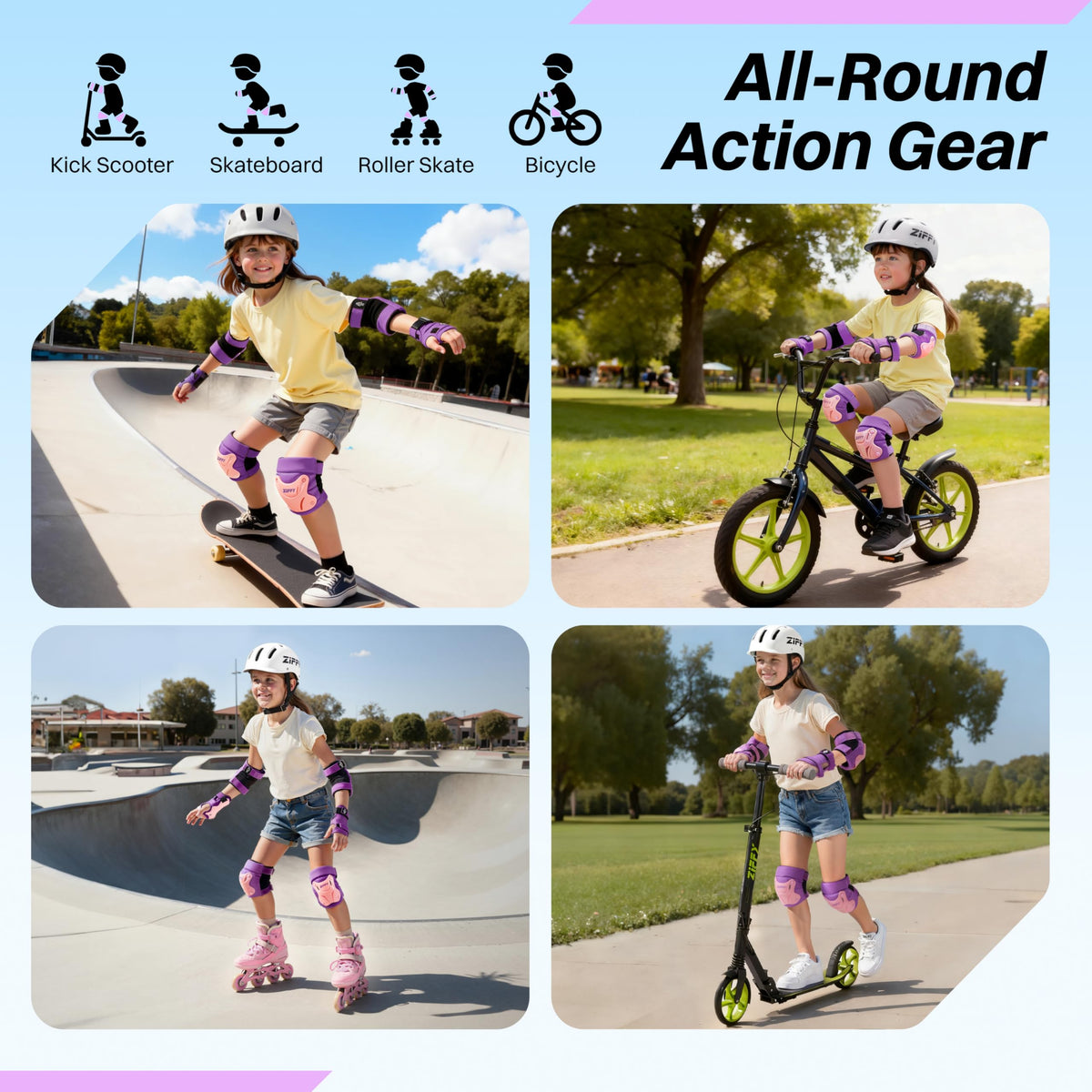 ZIFFY Kids Knee & Elbow Pads Set with Wrist Guards - Adjustable Protective Gear