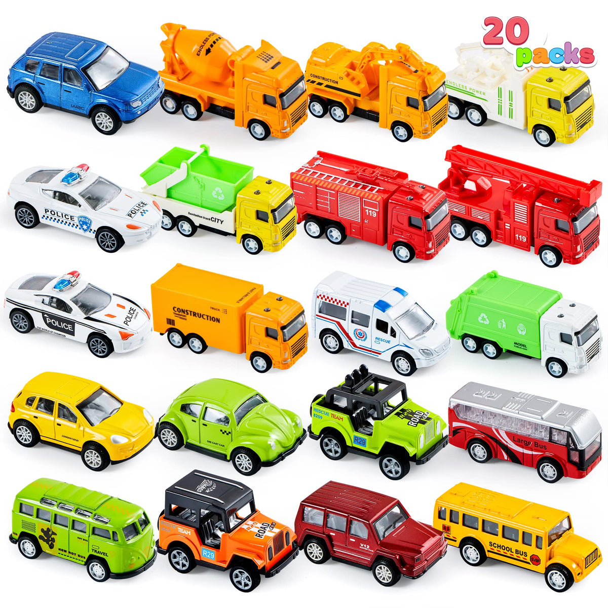 VROOMIX 20-Piece Die-Cast Pull-Back Race Car Toy Set for Kids