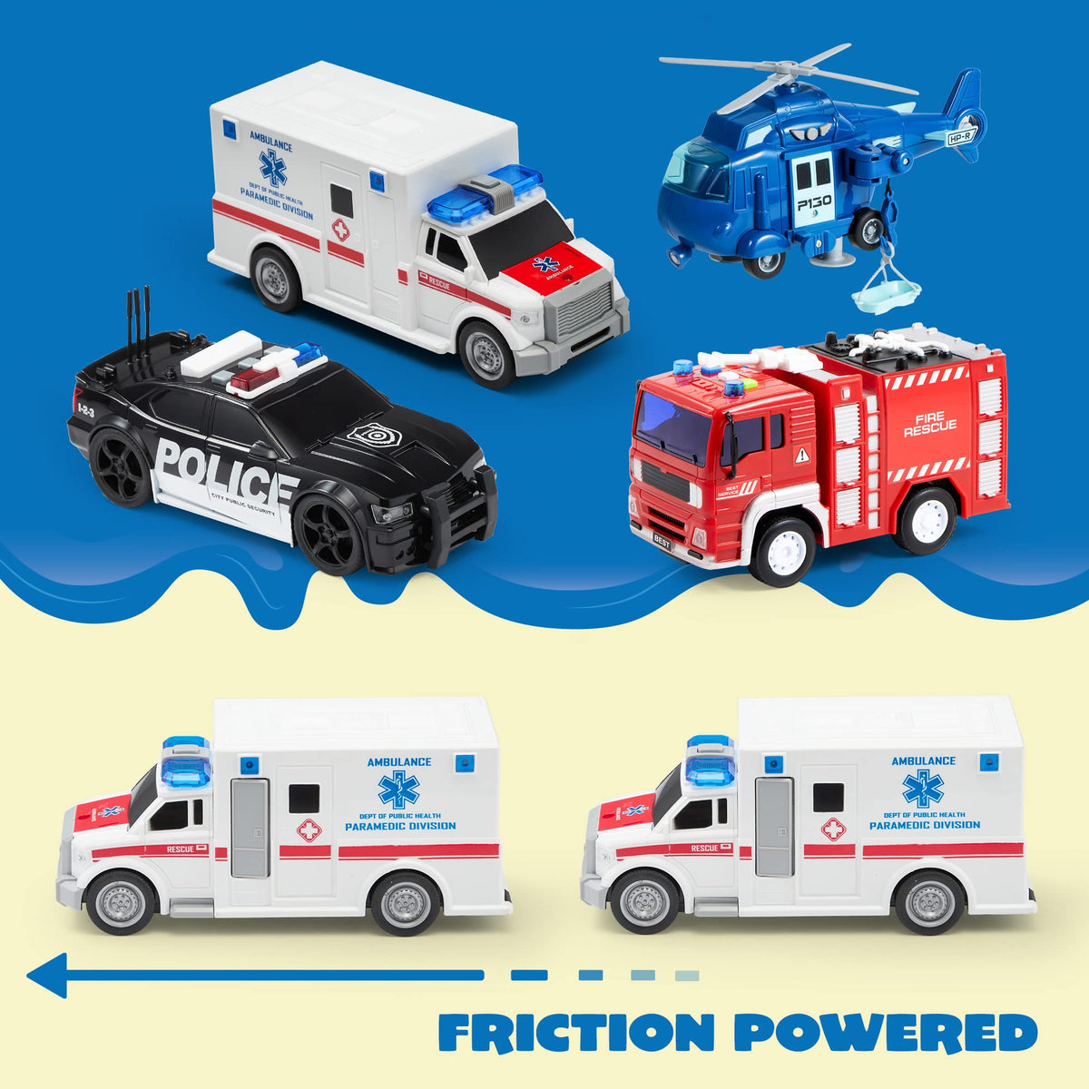 VROOMIX 4-Piece Emergency Vehicle Toy Set with Lights & Sounds