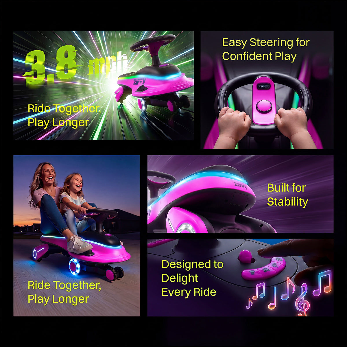 JOVA-ZIFFY 45W Electric Wiggle Car - Light-Up Ride-On Toy, Pink