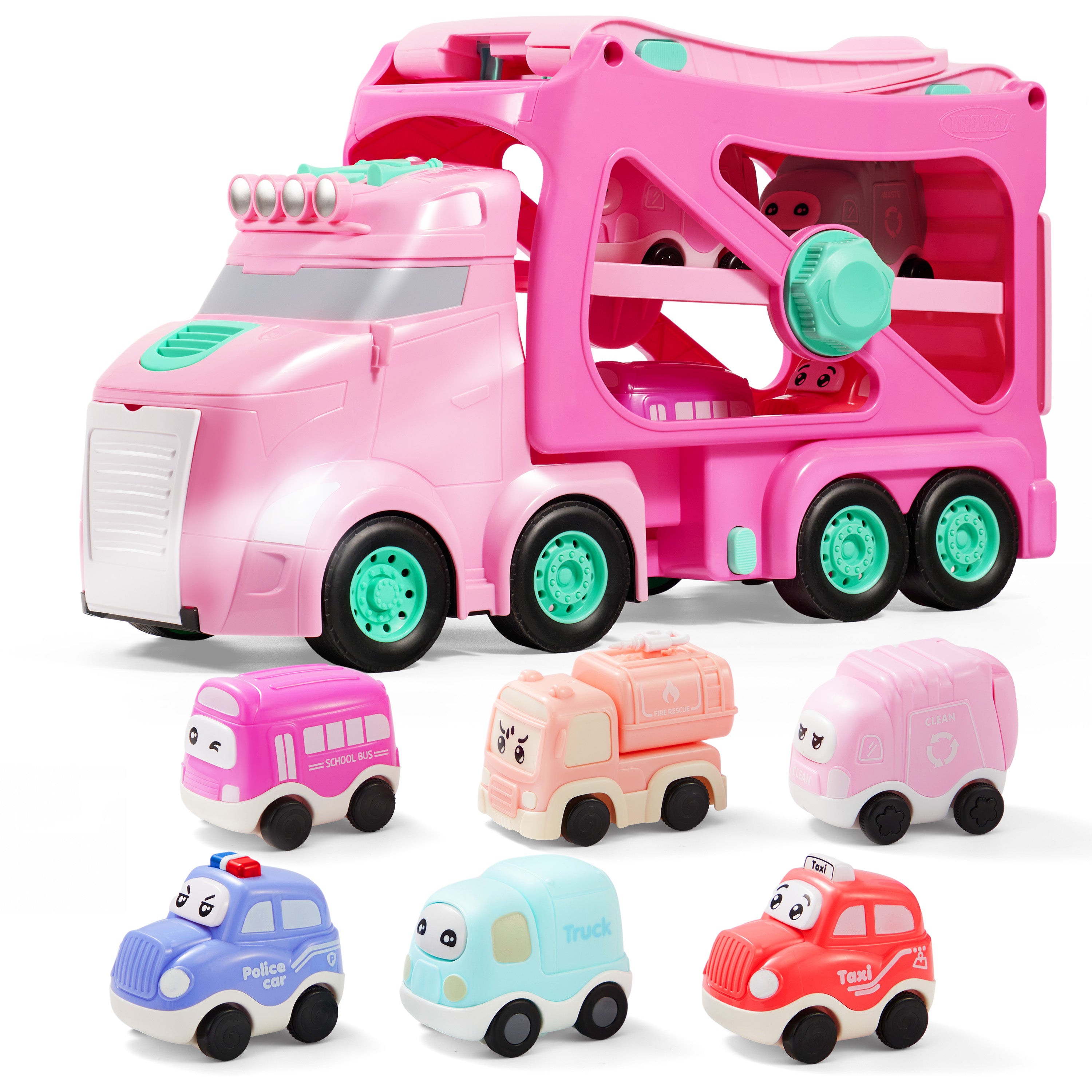 VROOMIX 7-in-1 Princess Pink Carrier Truck Set with Lights & Sounds