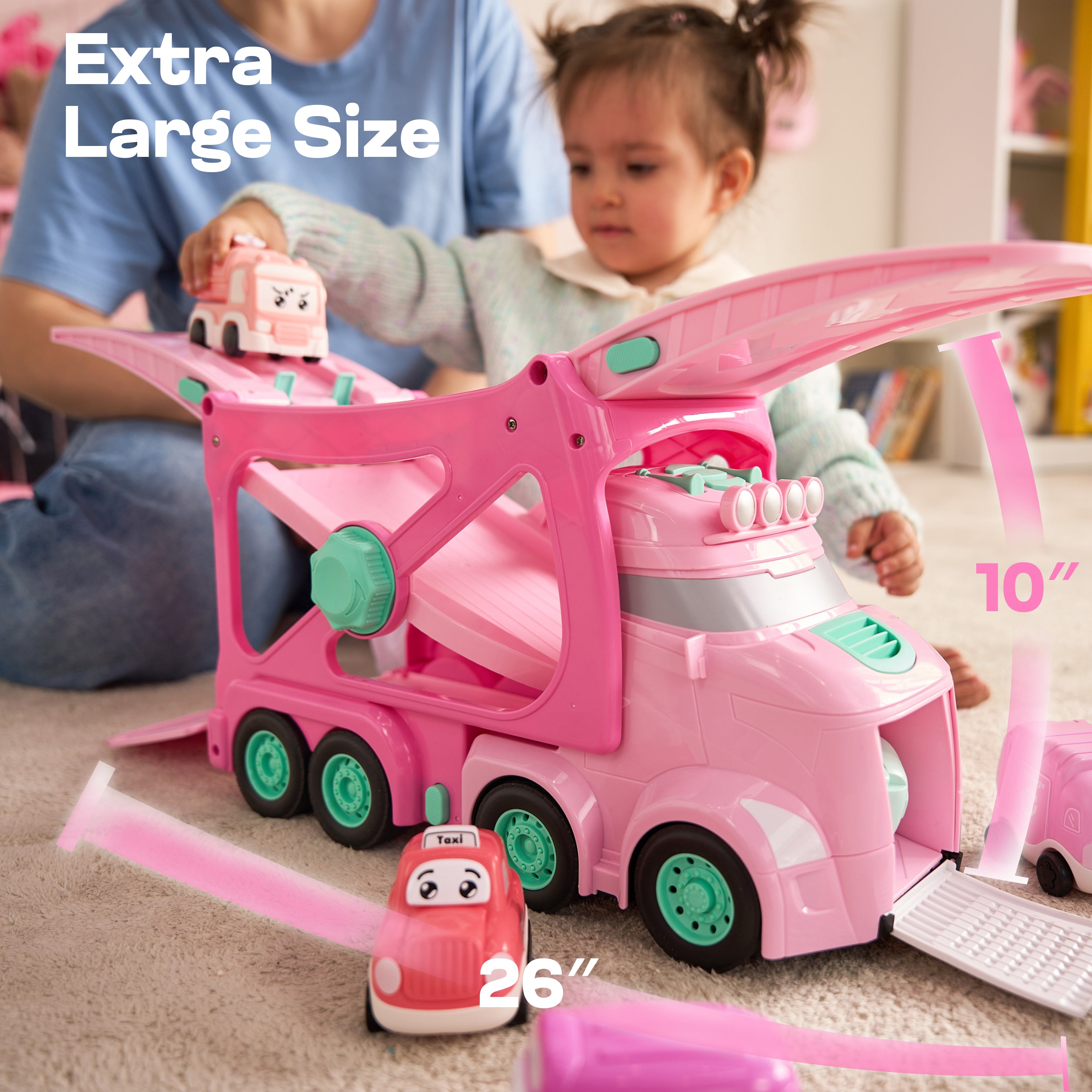 VROOMIX 7-in-1 Princess Pink Carrier Truck Set with Lights & Sounds