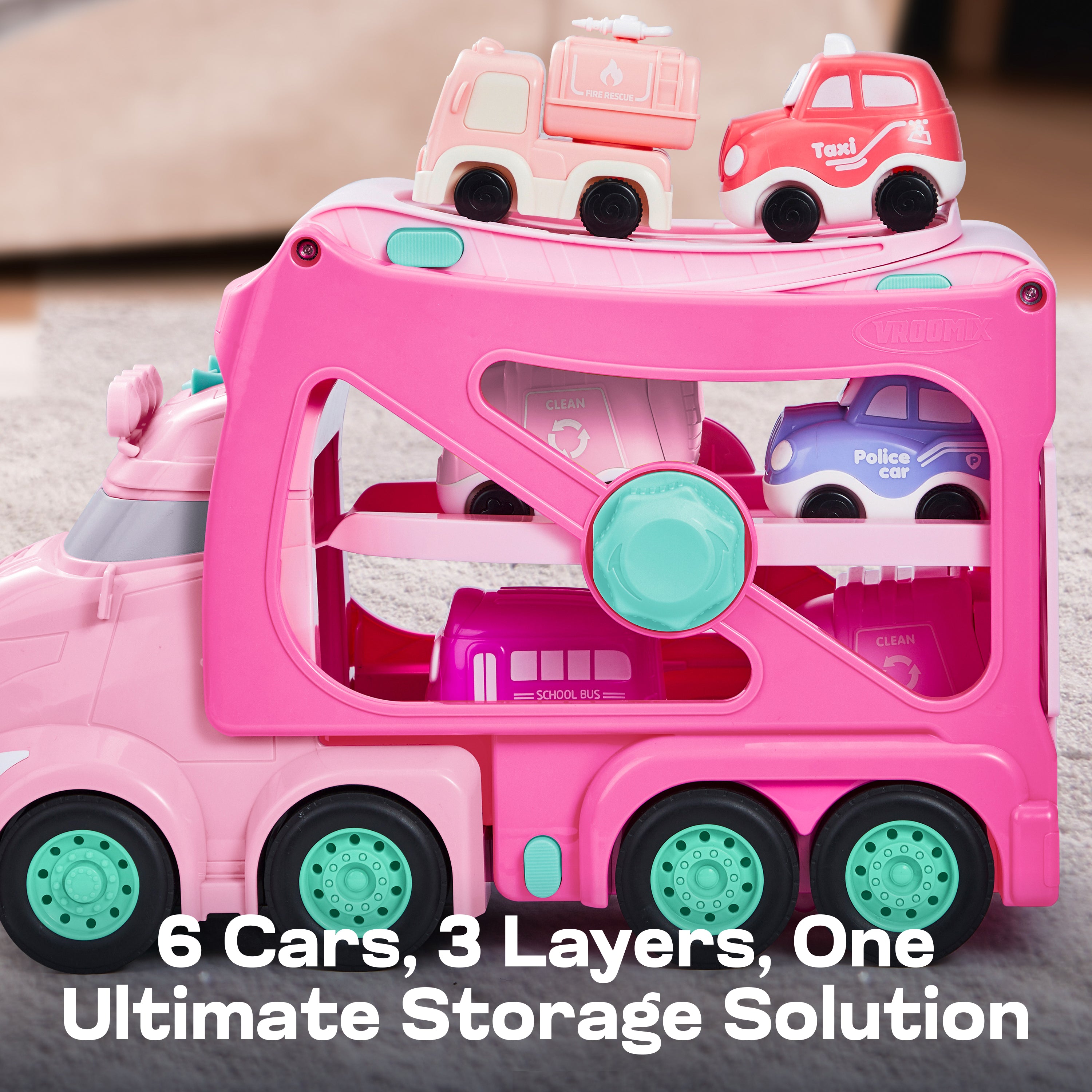 VROOMIX 7-in-1 Princess Pink Carrier Truck Set with Lights & Sounds