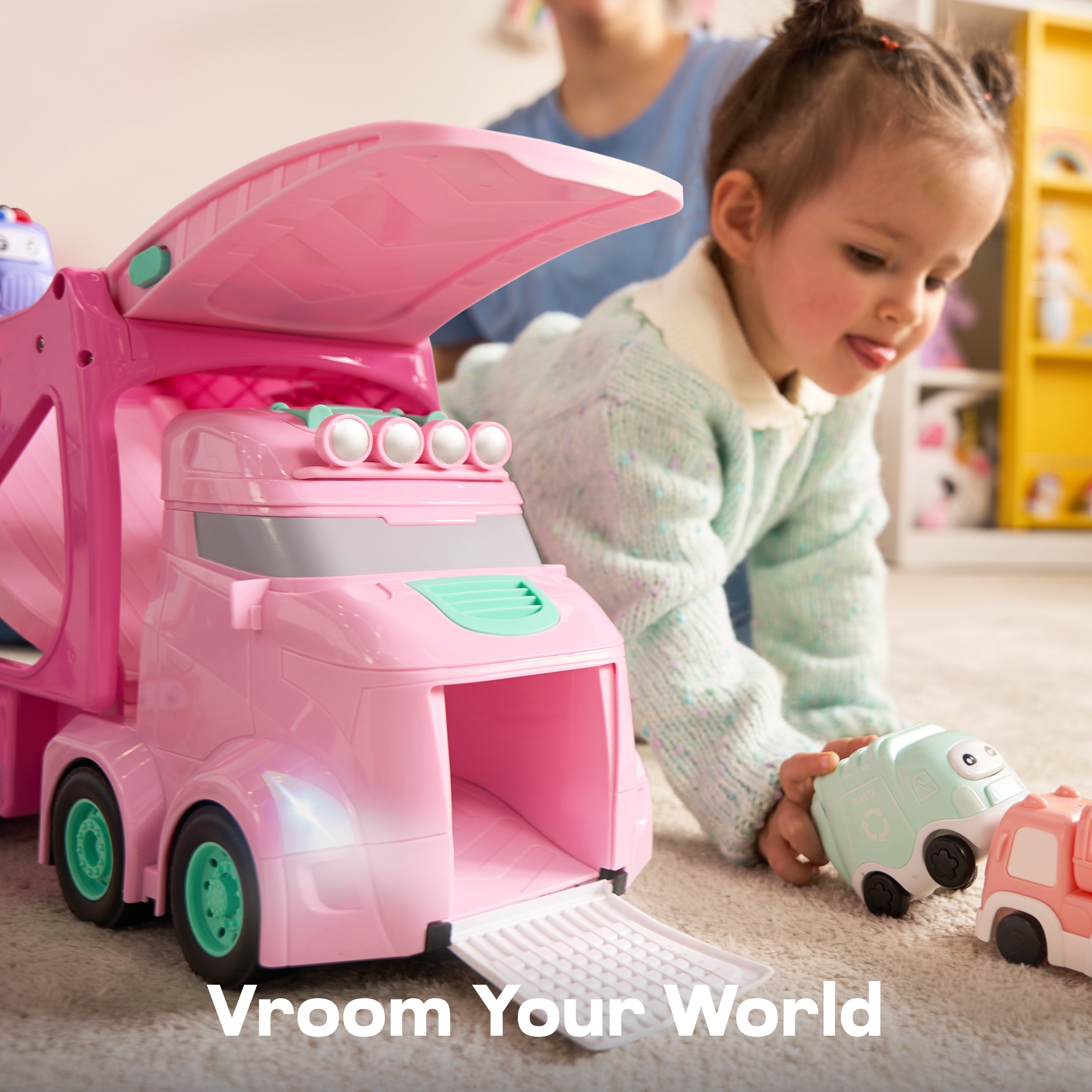 VROOMIX 7-in-1 Princess Pink Carrier Truck Set with Lights & Sounds