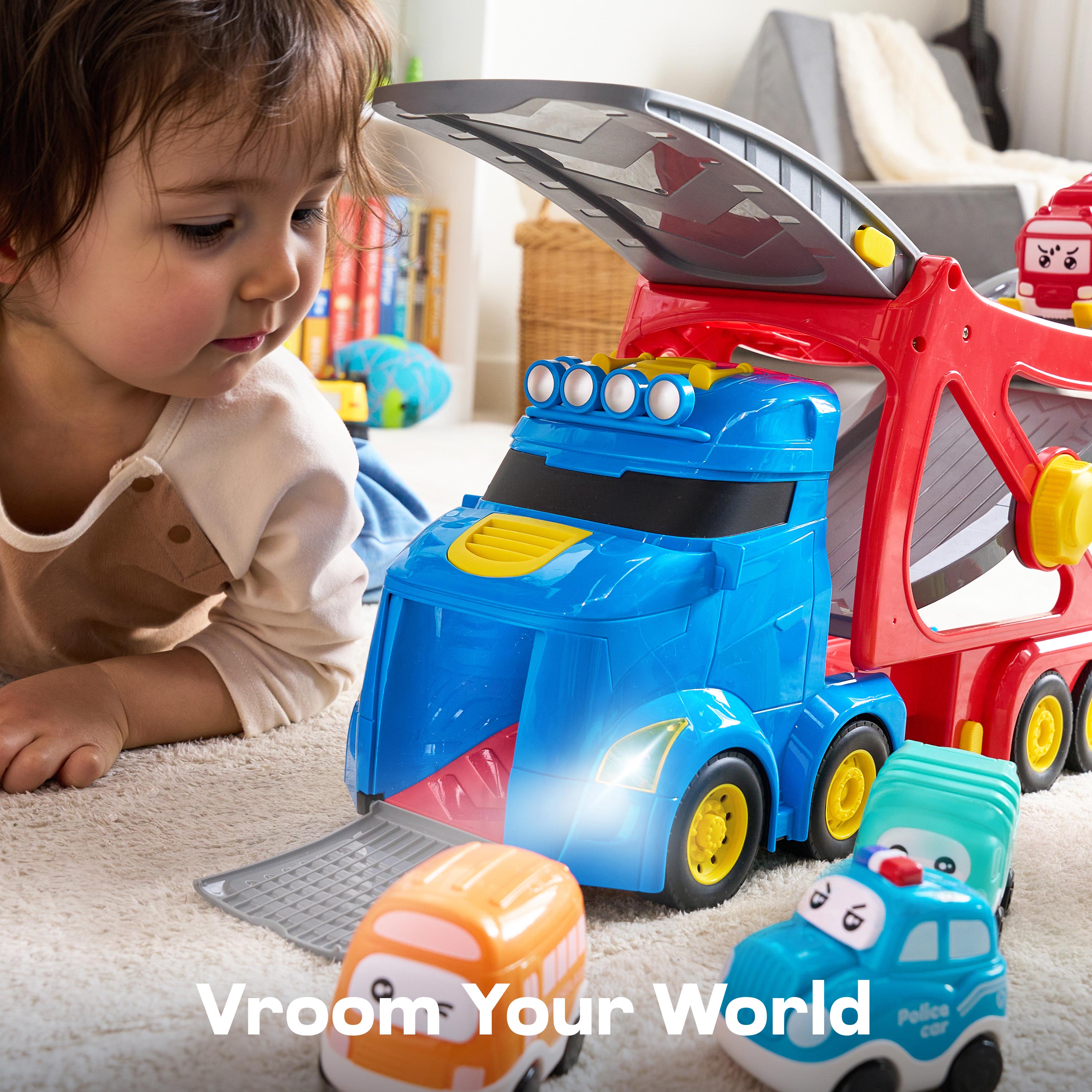VROOMIX 7-in-1 City Transport Carrier Truck Set with Lights & Sounds