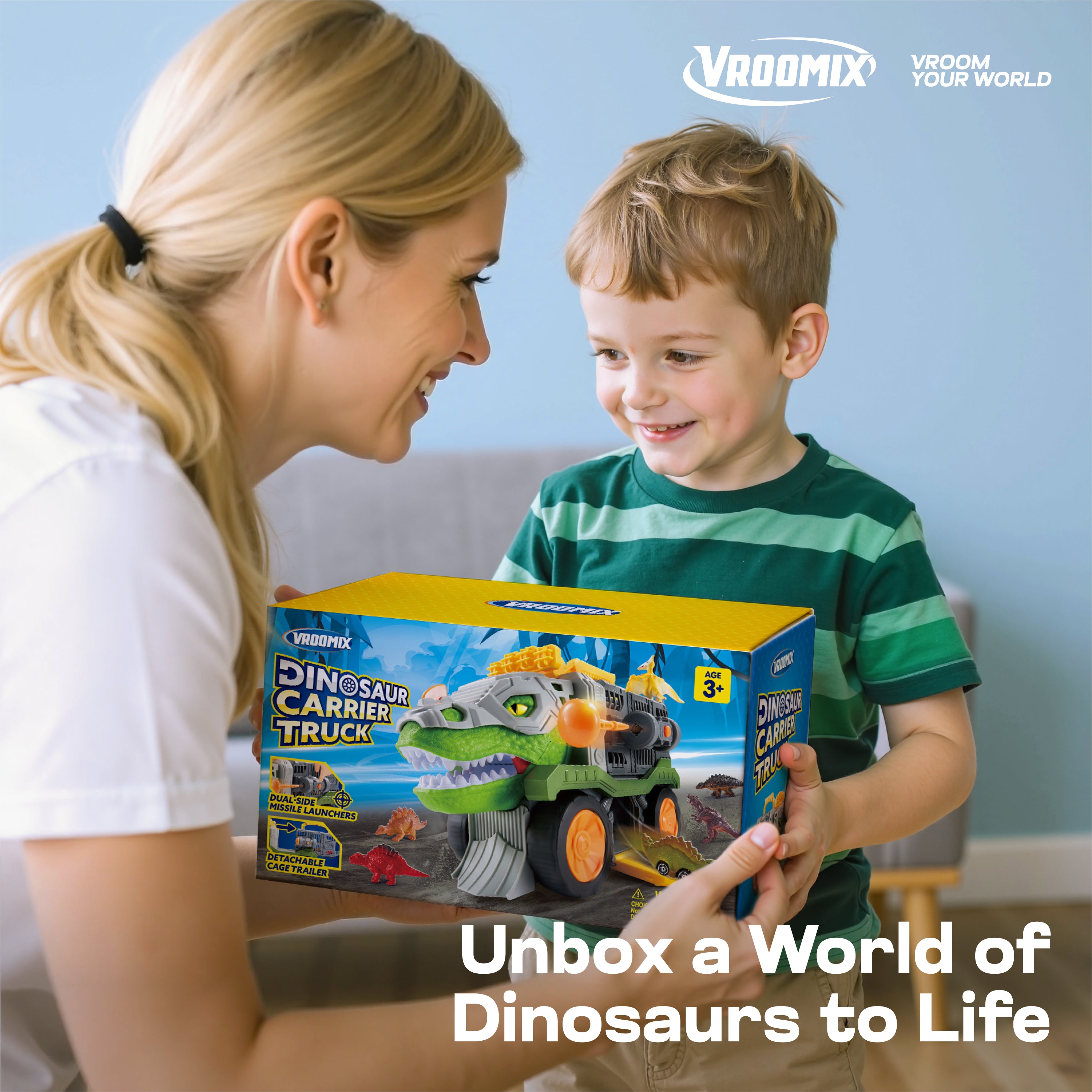 Vroomix T-Rex Dinosaur Carrier Truck Set with Dart Launcher
