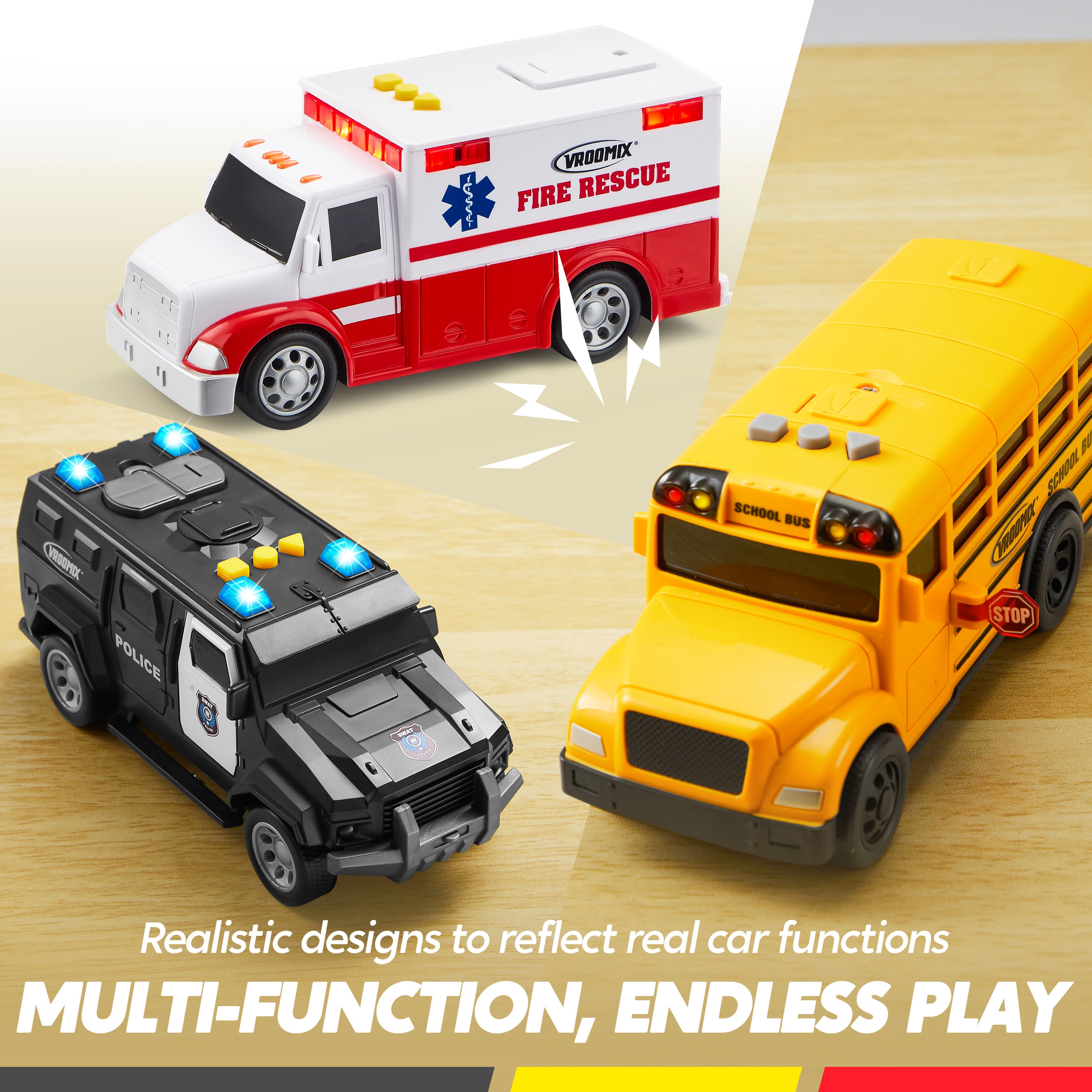 VROOMIX City Heroes Emergency & School Vehicle Playset (3 Pack)