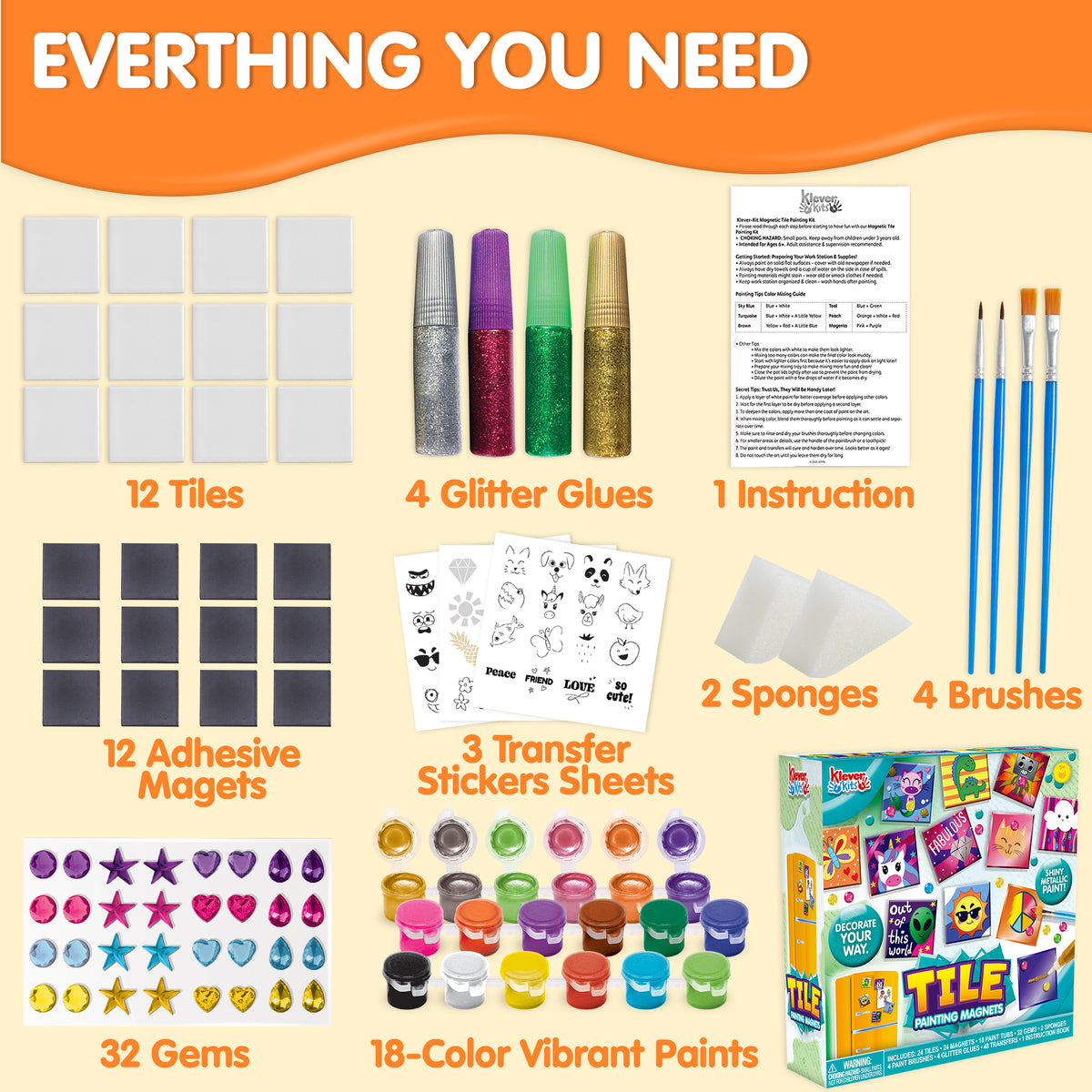 JOYIN 24-Piece DIY Paint Your Own Magnetic Tile Art Kit
