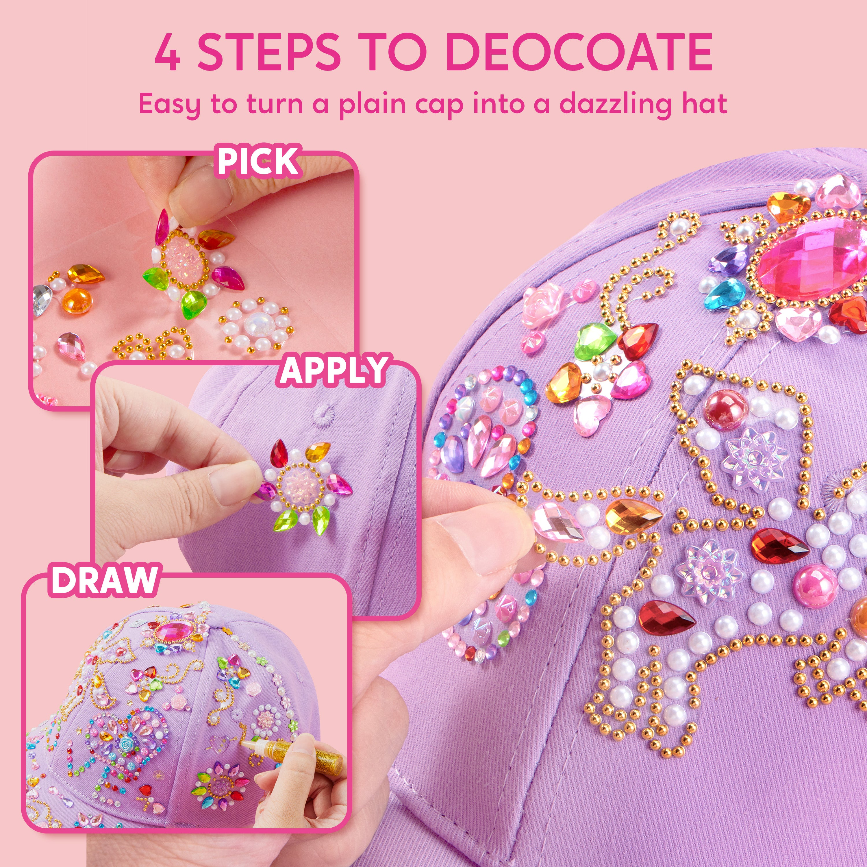 Klever Kits DIY Gem Baseball Cap Craft Kit for Girls Ages 6-8