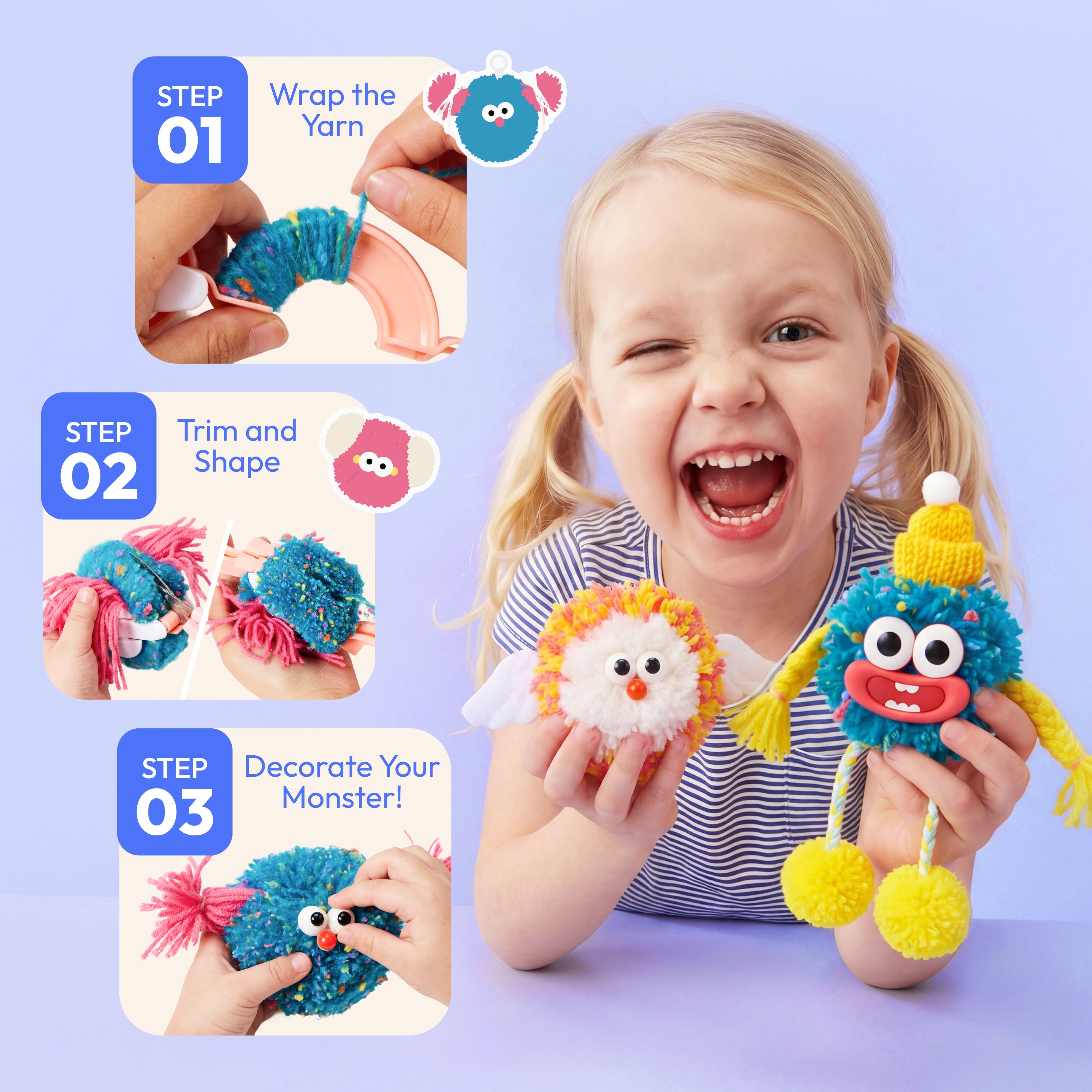 Klever Kits DIY Pom Pom Monster Keychain Kit Ages 4+
