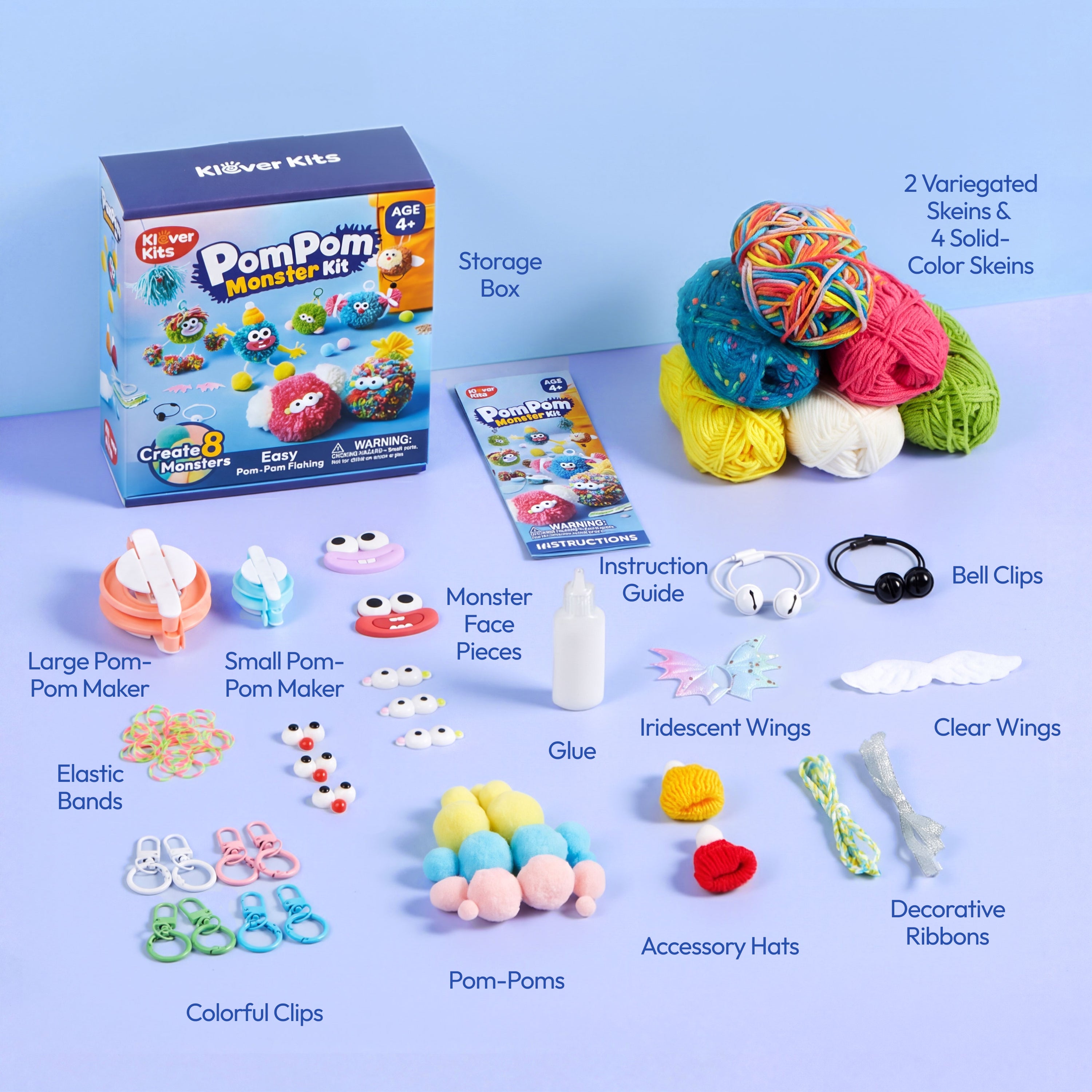 Klever Kits DIY Pom Pom Monster Keychain Kit Ages 4+