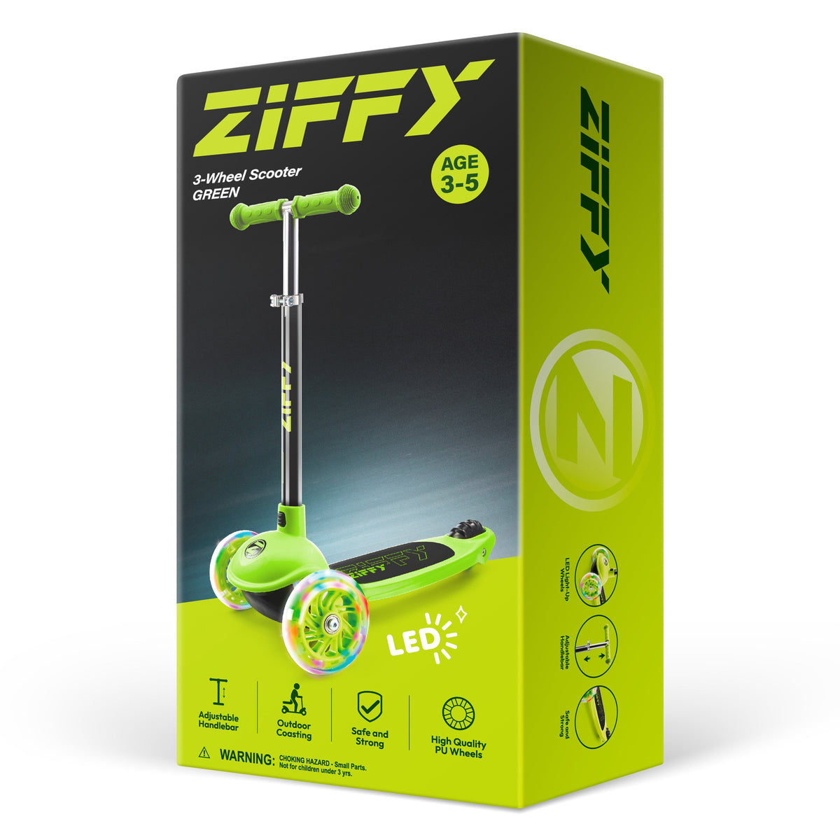 JOVA-ZIFFY 3 Wheel Scooter for Kids 3-5 - LED Light-Up Wheels, Green