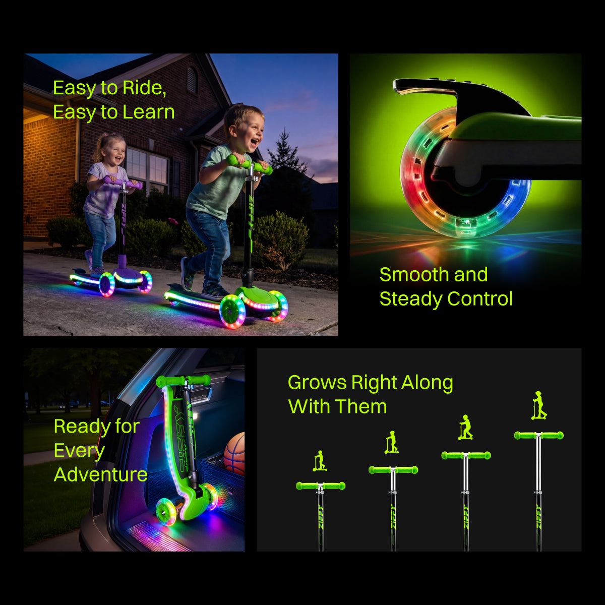 JOVA-ZIFFY Light-Up 3 Wheel Scooter - 20 LED Kick Scooter, Green