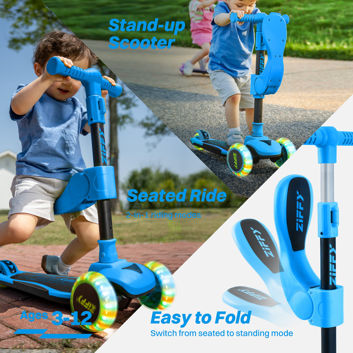 JOVA-ZIFFY 2-in-1 Kids Scooter with Seat - Light-Up 3 Wheel Scooter, Blue
