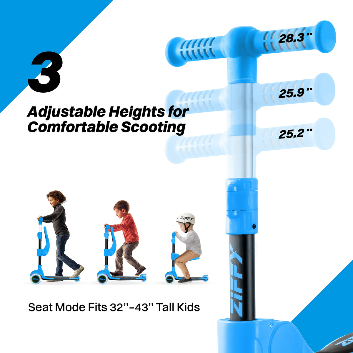 JOVA-ZIFFY 2-in-1 Kids Scooter with Seat - Light-Up 3 Wheel Scooter, Blue