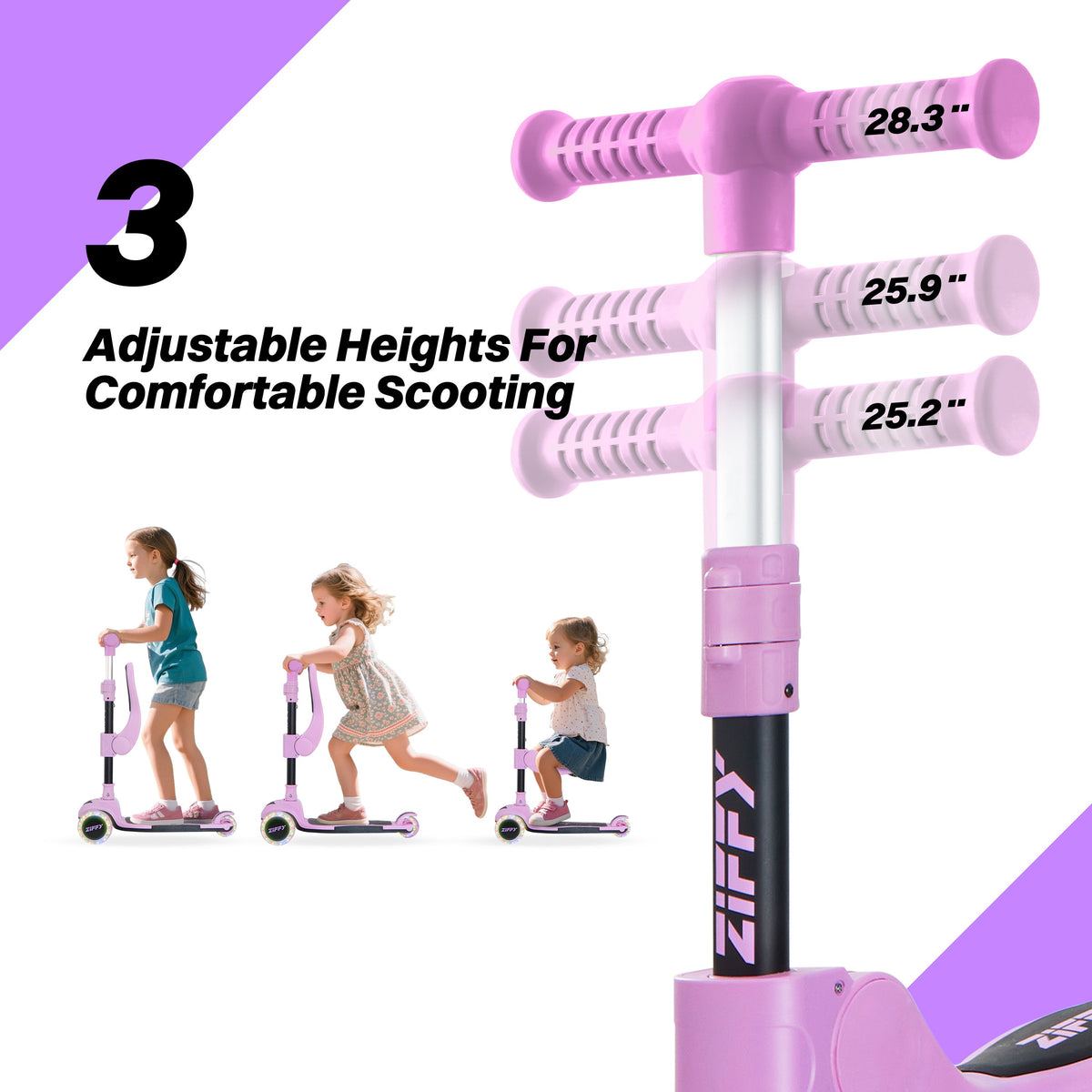 JOVA-ZIFFY 2-in-1 Kids Scooter with Seat - Light-Up 3 Wheel Scooter, Purple