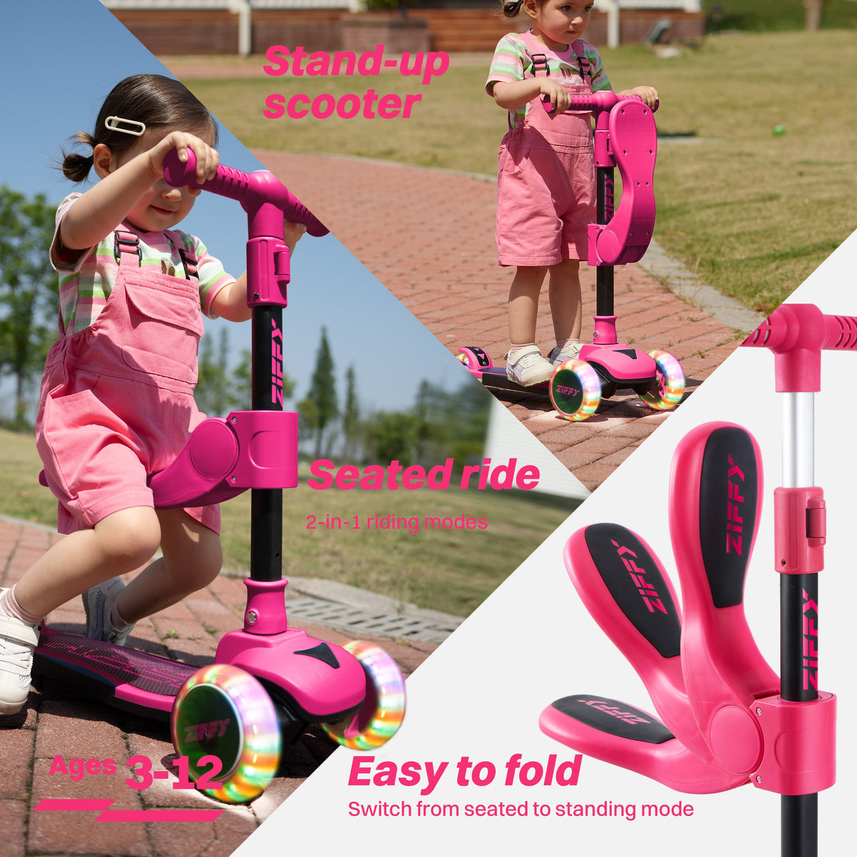 JOVA-ZIFFY 2-in-1 Kids Scooter with Seat - Light-Up 3 Wheel Scooter, Red