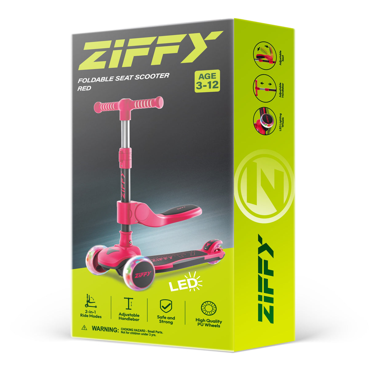 JOVA-ZIFFY 2-in-1 Kids Scooter with Seat - Light-Up 3 Wheel Scooter, Red
