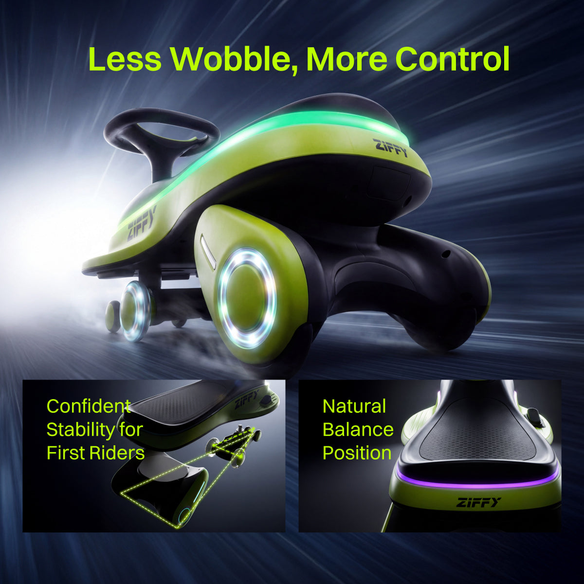 JOVA-ZIFFY 45W Electric Wiggle Car - Light-Up Ride-On Toy, Green