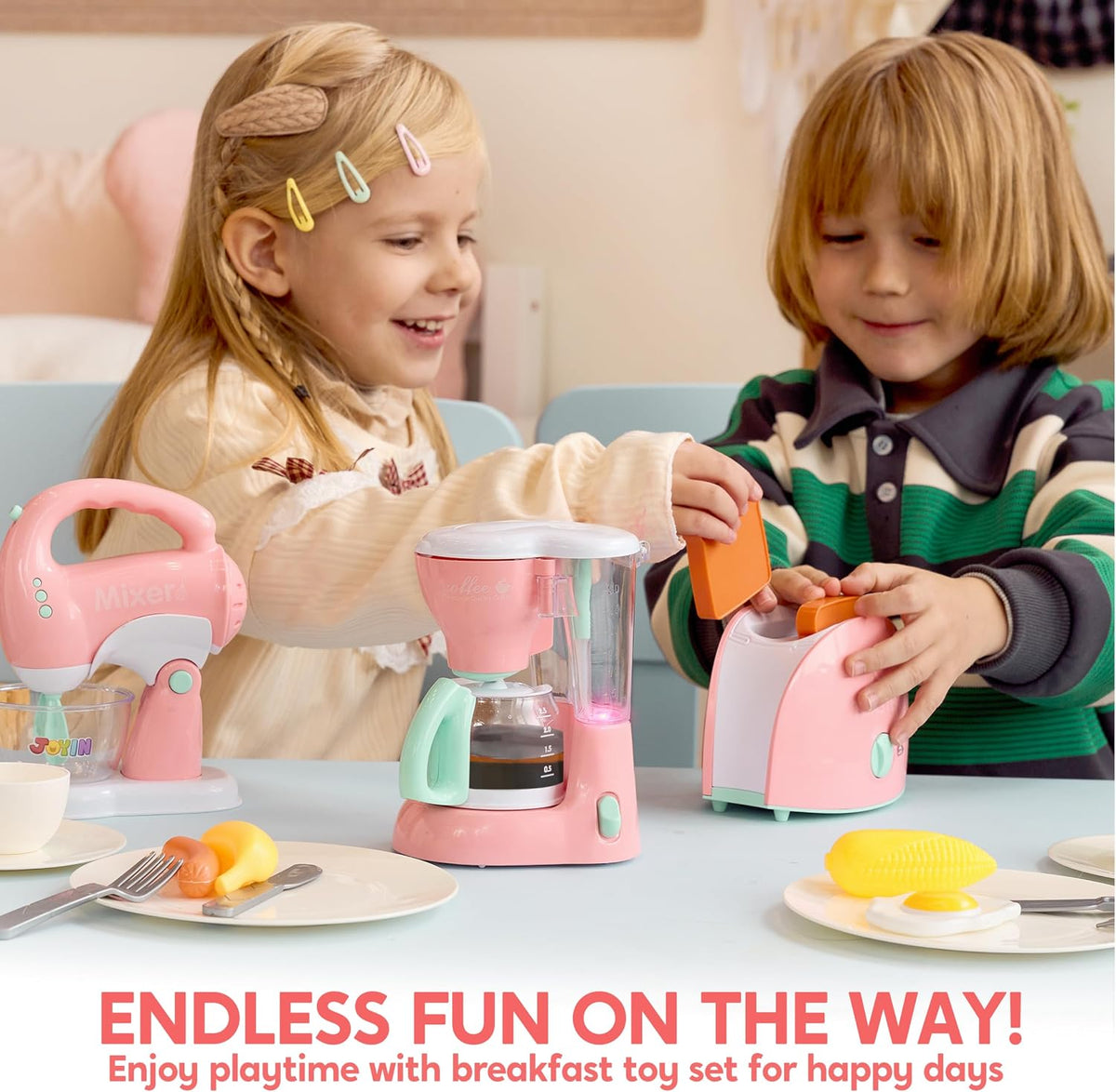 Play-Act Play Kitchen Toy Set – Pink Coffee Maker, Mixer & Toaster with Lights