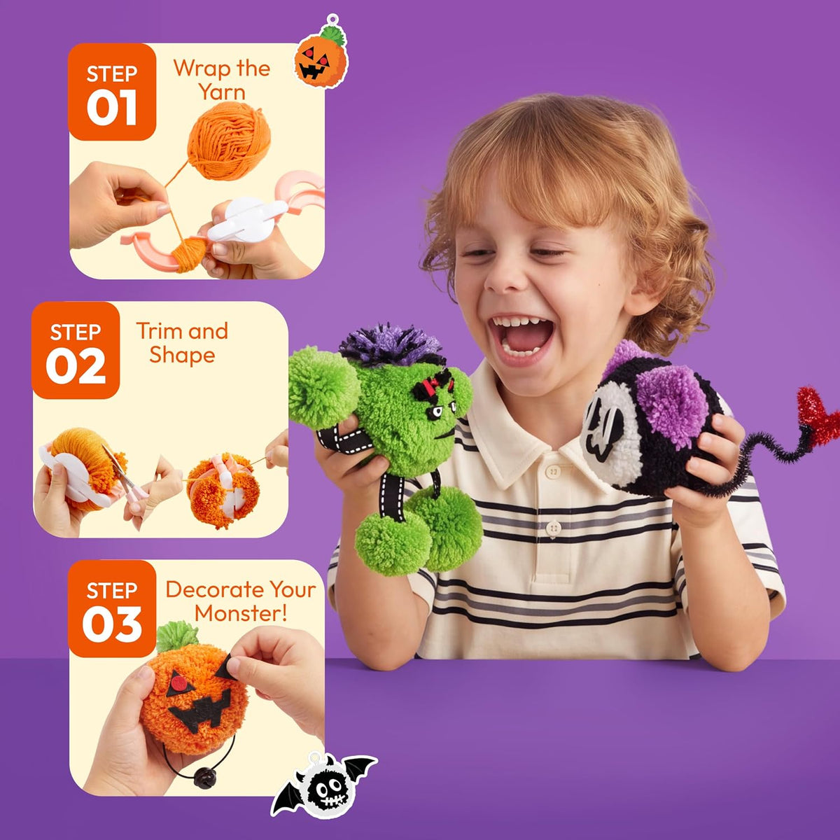 Klever Kits Halloween Pom Pom Monster Kits - DIY Plush Keychain Craft