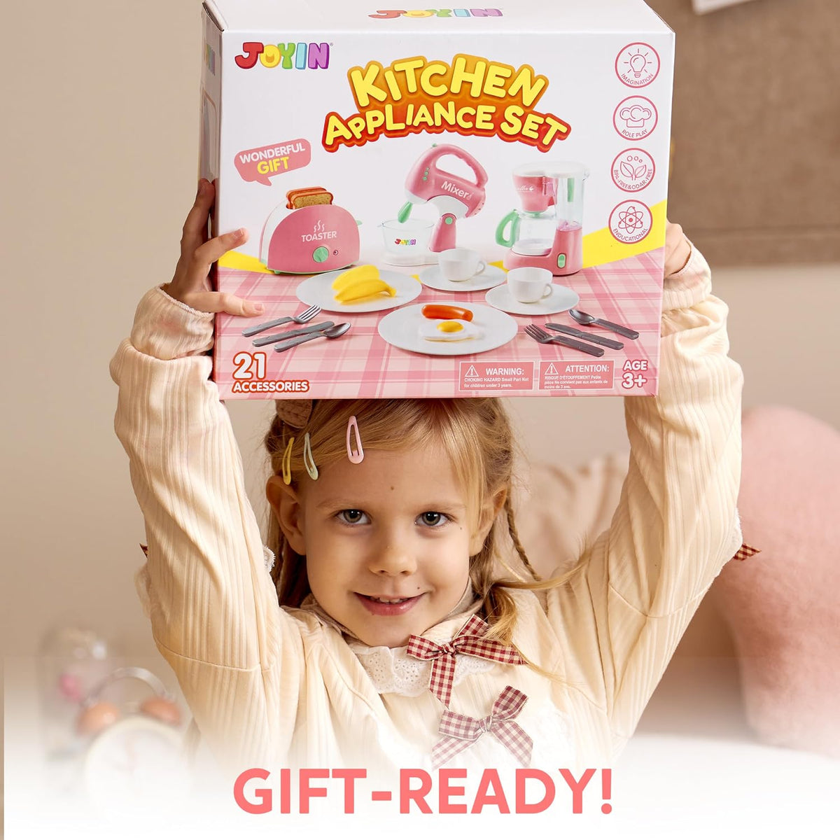 Play-Act Play Kitchen Toy Set – Pink Coffee Maker, Mixer & Toaster with Lights