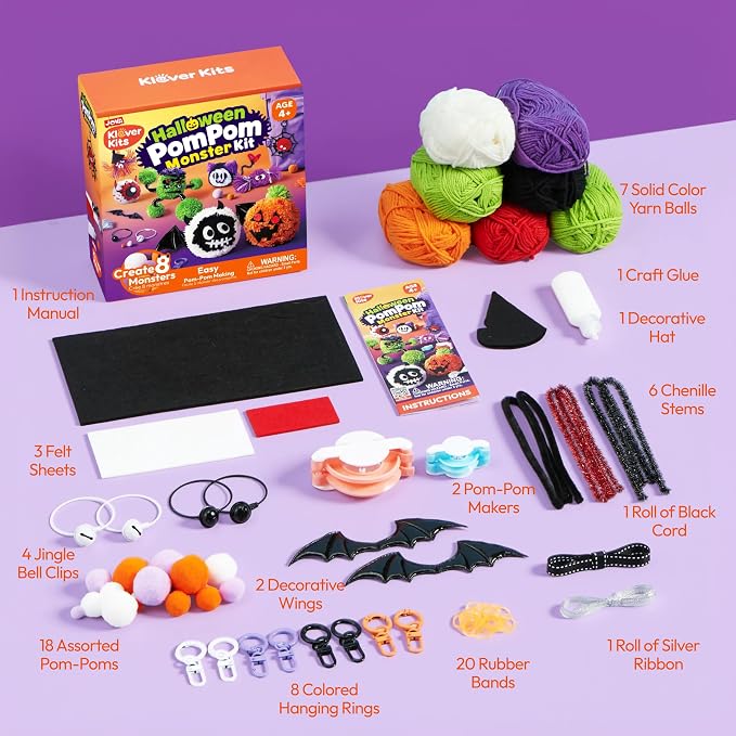 Klever Kits Halloween Pom Pom Monster Kits - DIY Plush Keychain Craft