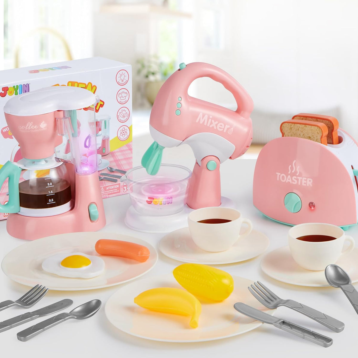Play-Act Play Kitchen Toy Set – Pink Coffee Maker, Mixer & Toaster with Lights