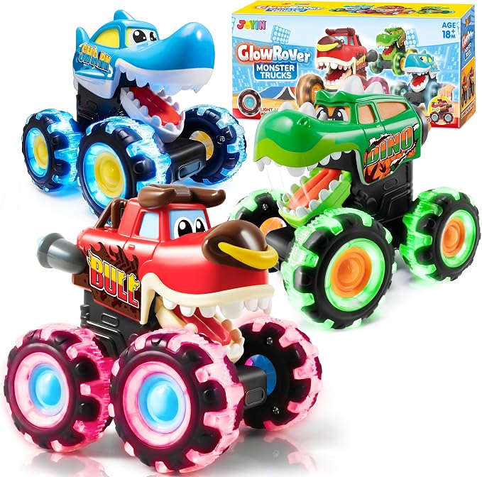 VROOMIX 3 Pack Monster Truck Toy - Motion Activated LED Light Up Cars