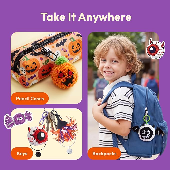 Klever Kits Halloween Pom Pom Monster Kits - DIY Plush Keychain Craft