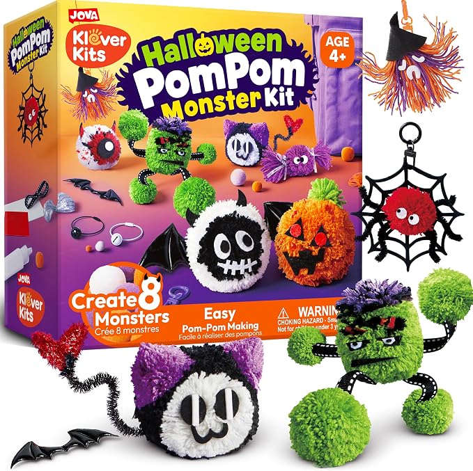Klever Kits Halloween Pom Pom Monster Kits - DIY Plush Keychain Craft