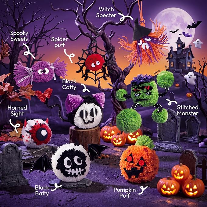 Klever Kits Halloween Pom Pom Monster Kits - DIY Plush Keychain Craft