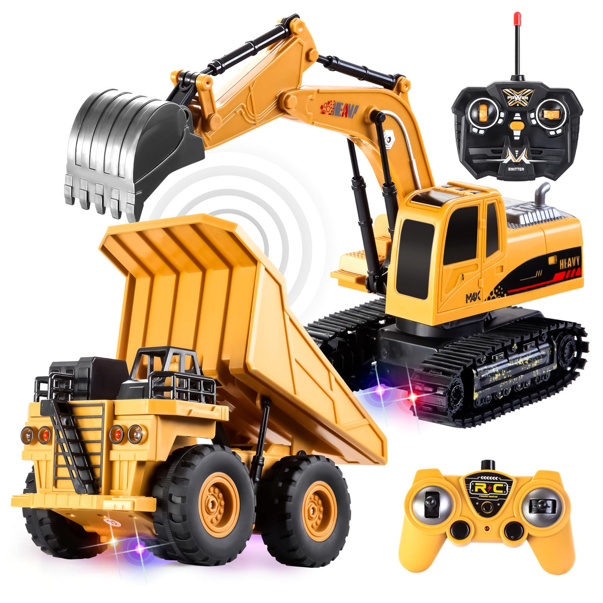VROOMIX 2-Pack Remote Control Construction Vehicle Set (RC Excavator & Dump Truck)