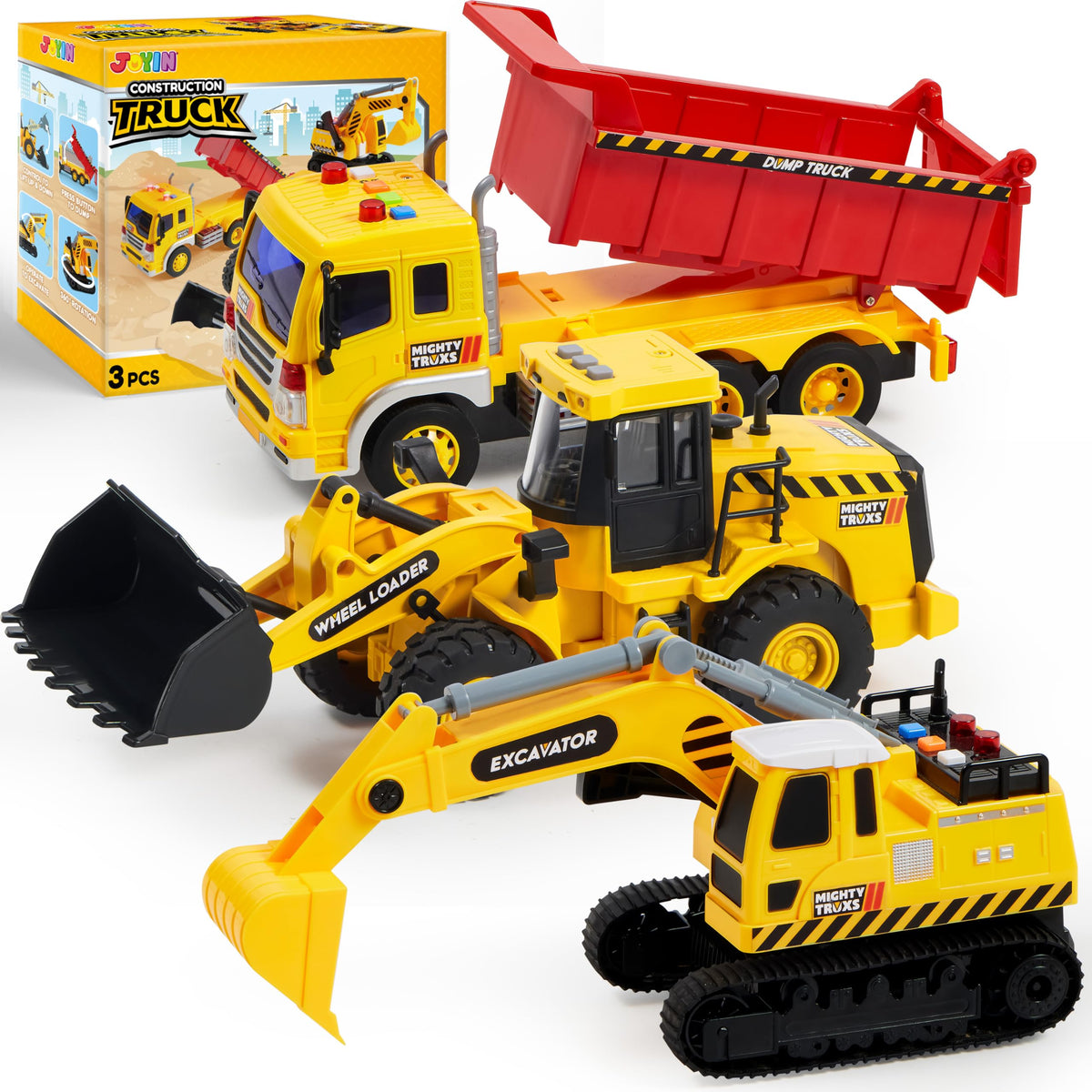VROOMIX 3-Pack Construction Truck Toy Set (Excavator, Dump Truck & Loader)